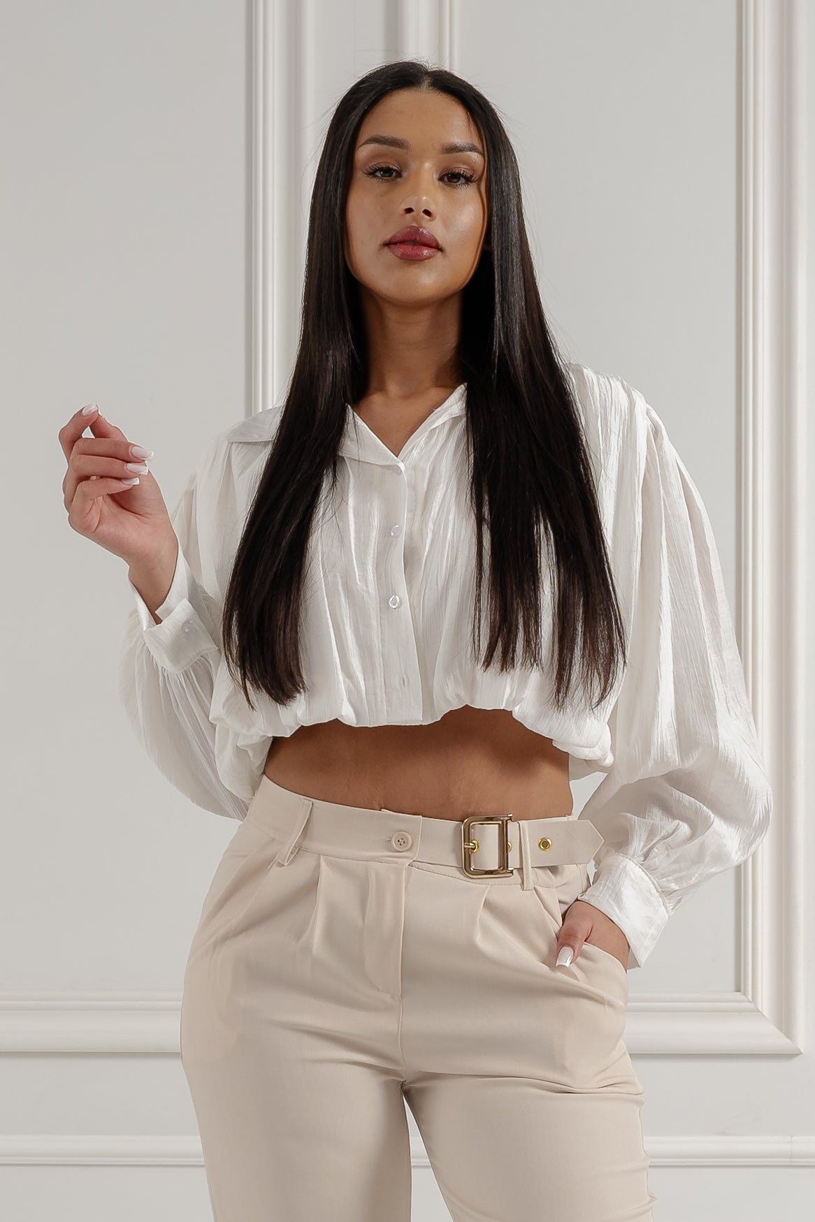 Koszula Cropped z Marszczeniem- Biały / Uniwersalny