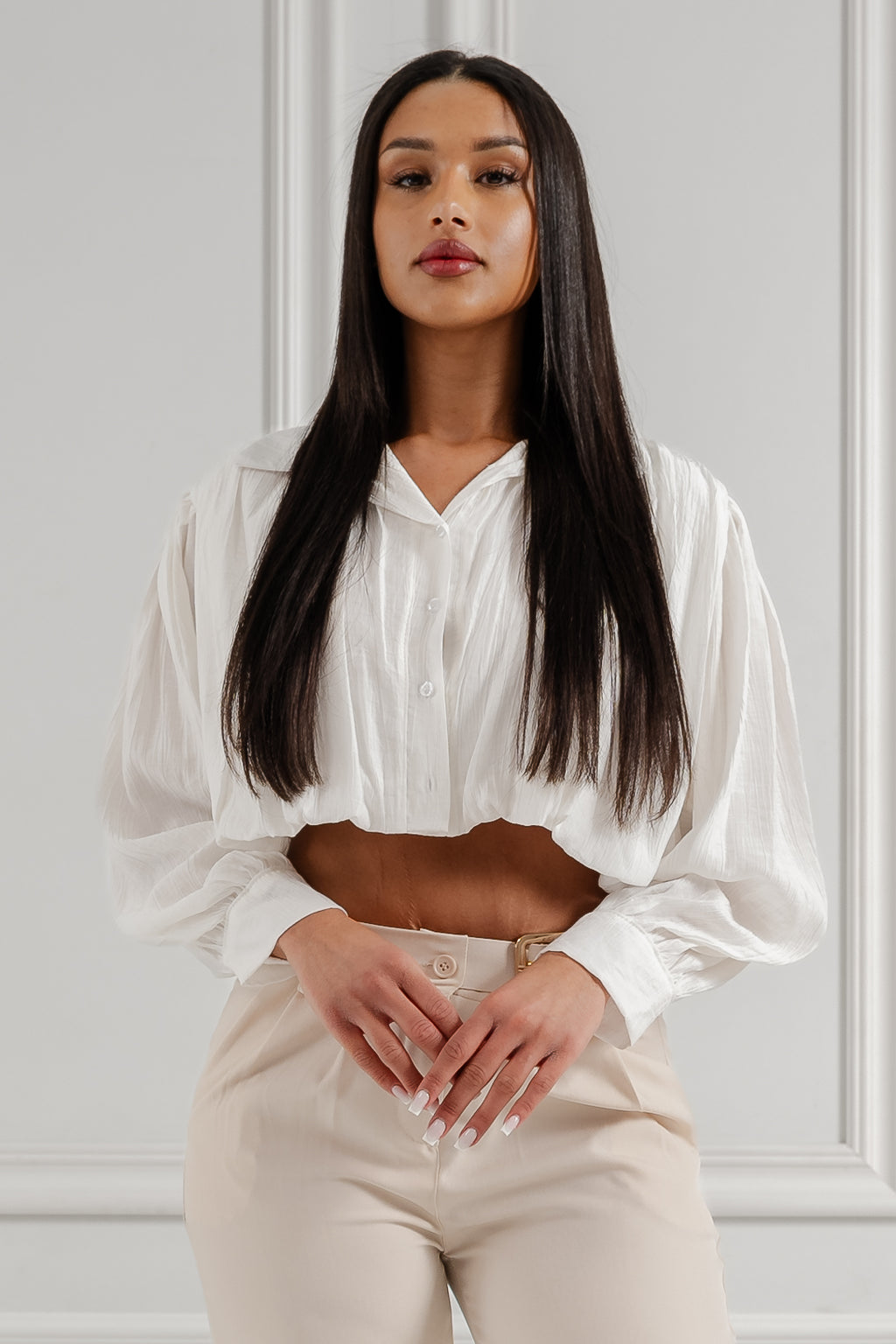Koszula Cropped z Marszczeniem- Biały / Uniwersalny