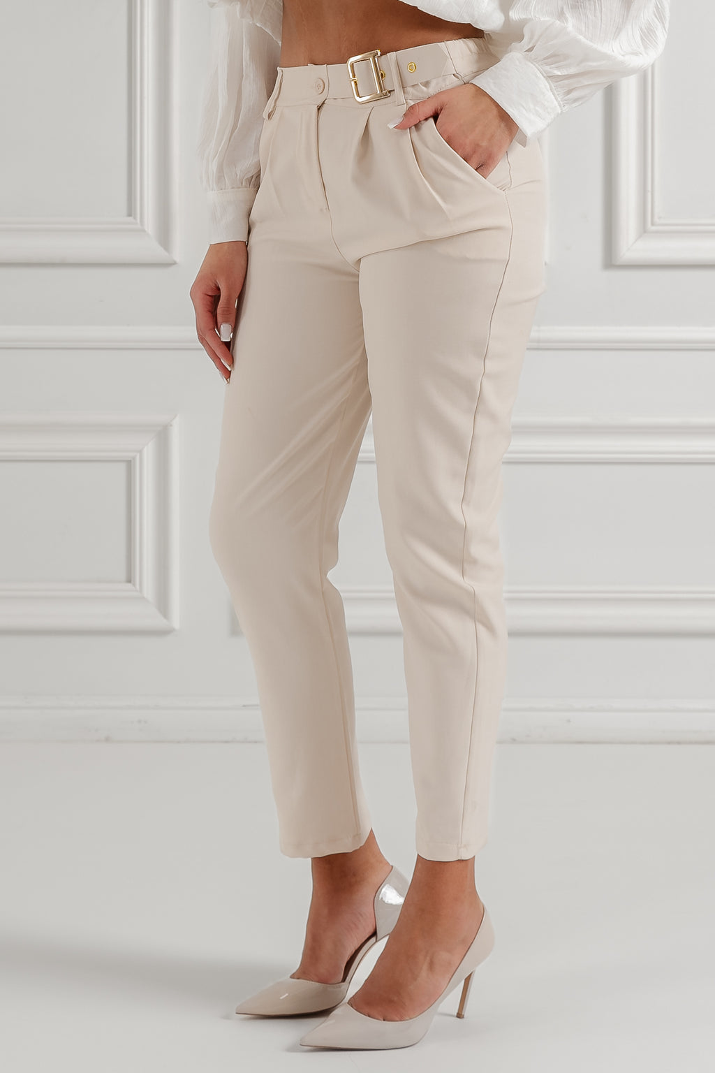 Eleganckie spodnie z paskiem- Uniwersalny / Kremowy