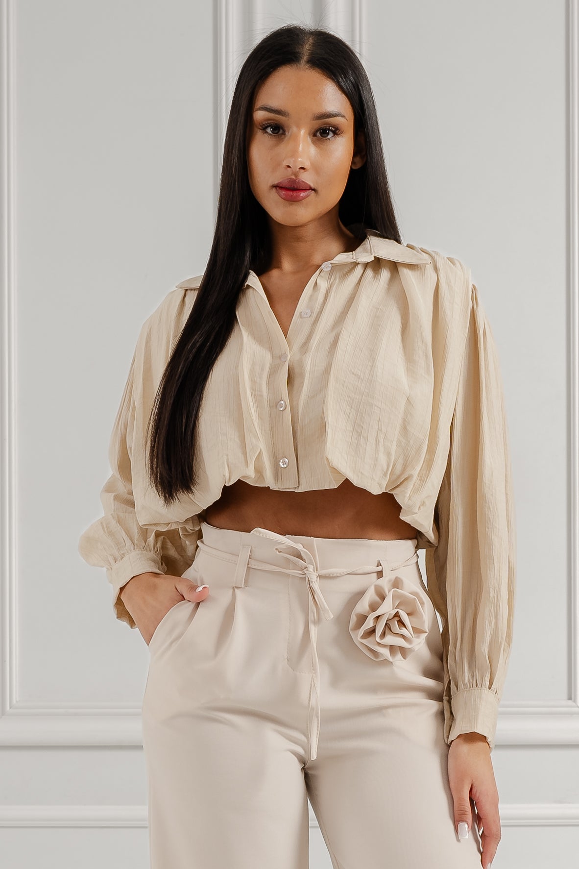 Eleganckie spodnie palazzo z ozdobnym detalem- Beżowy / Uniwersalny