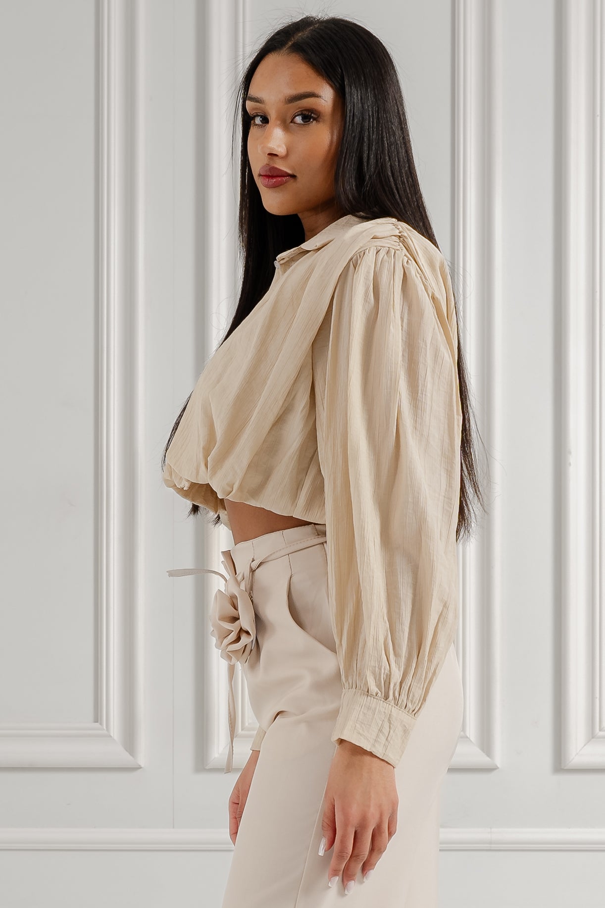 Koszula Cropped z Marszczeniem- Biały / Uniwersalny