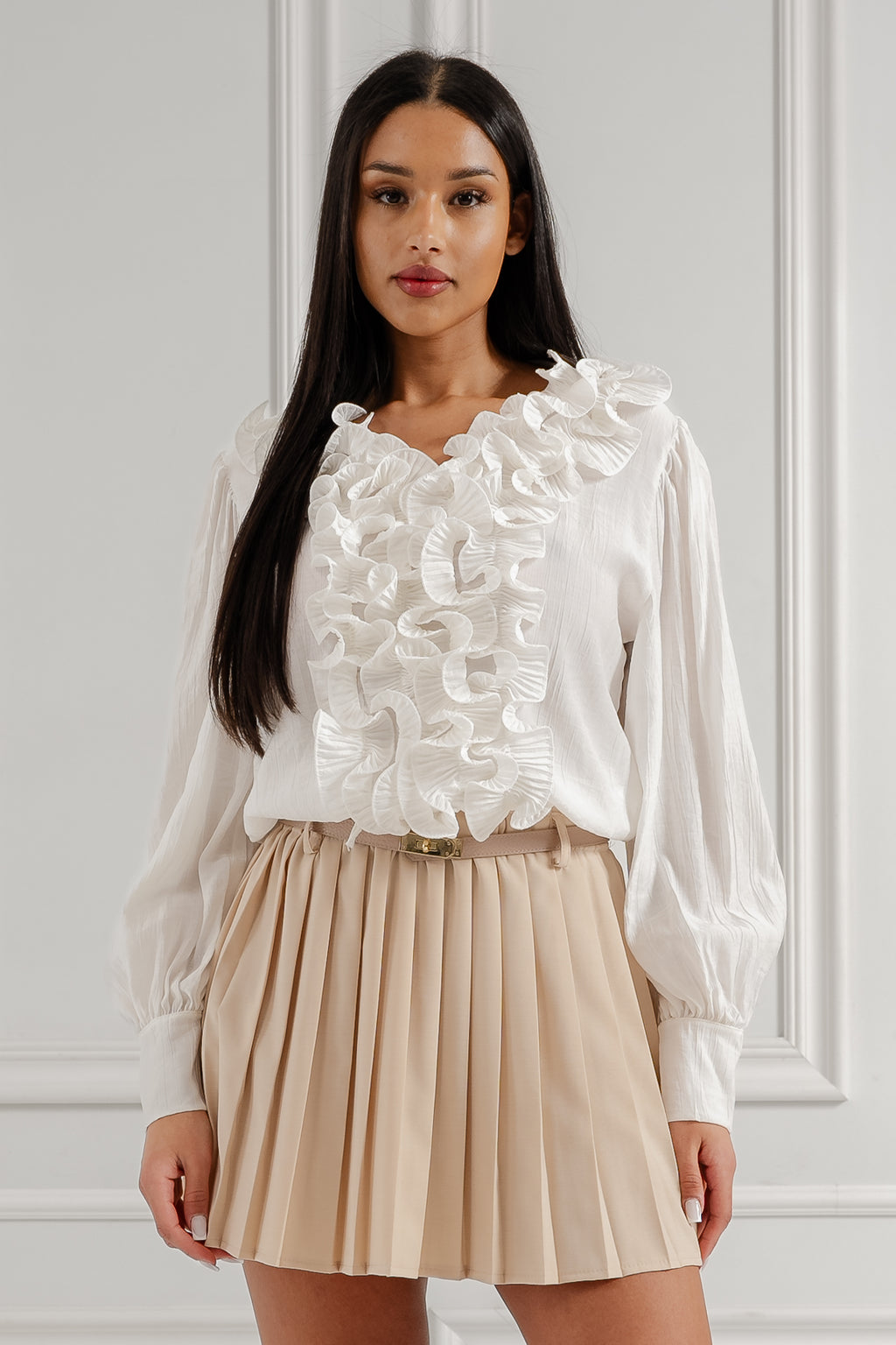 Plisowana spódniczka z falbanką w pasie- Szary / Uniwersalny