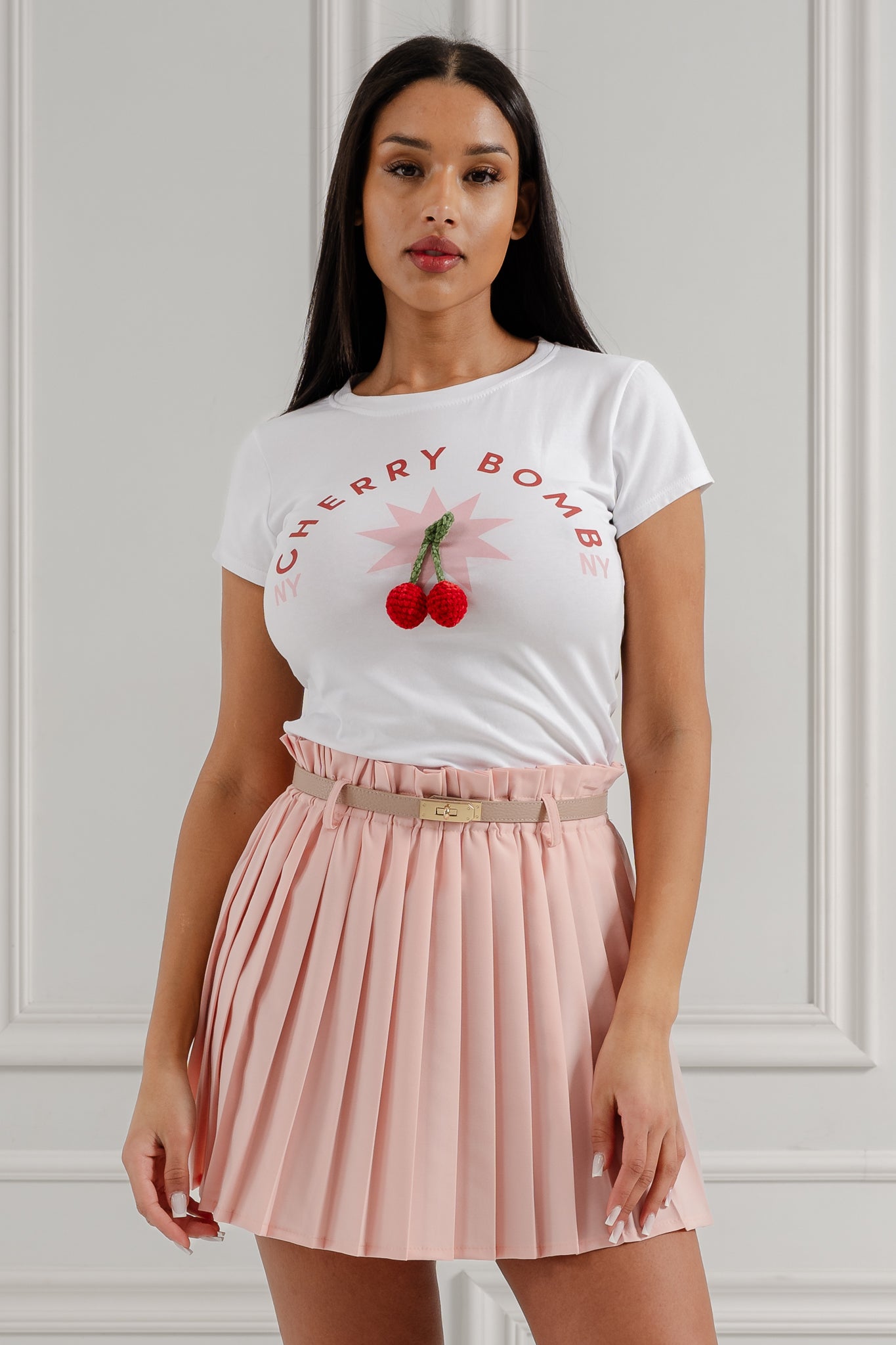 Elegancki pasek z ozdobnym zapięciem- Pudrowy róż