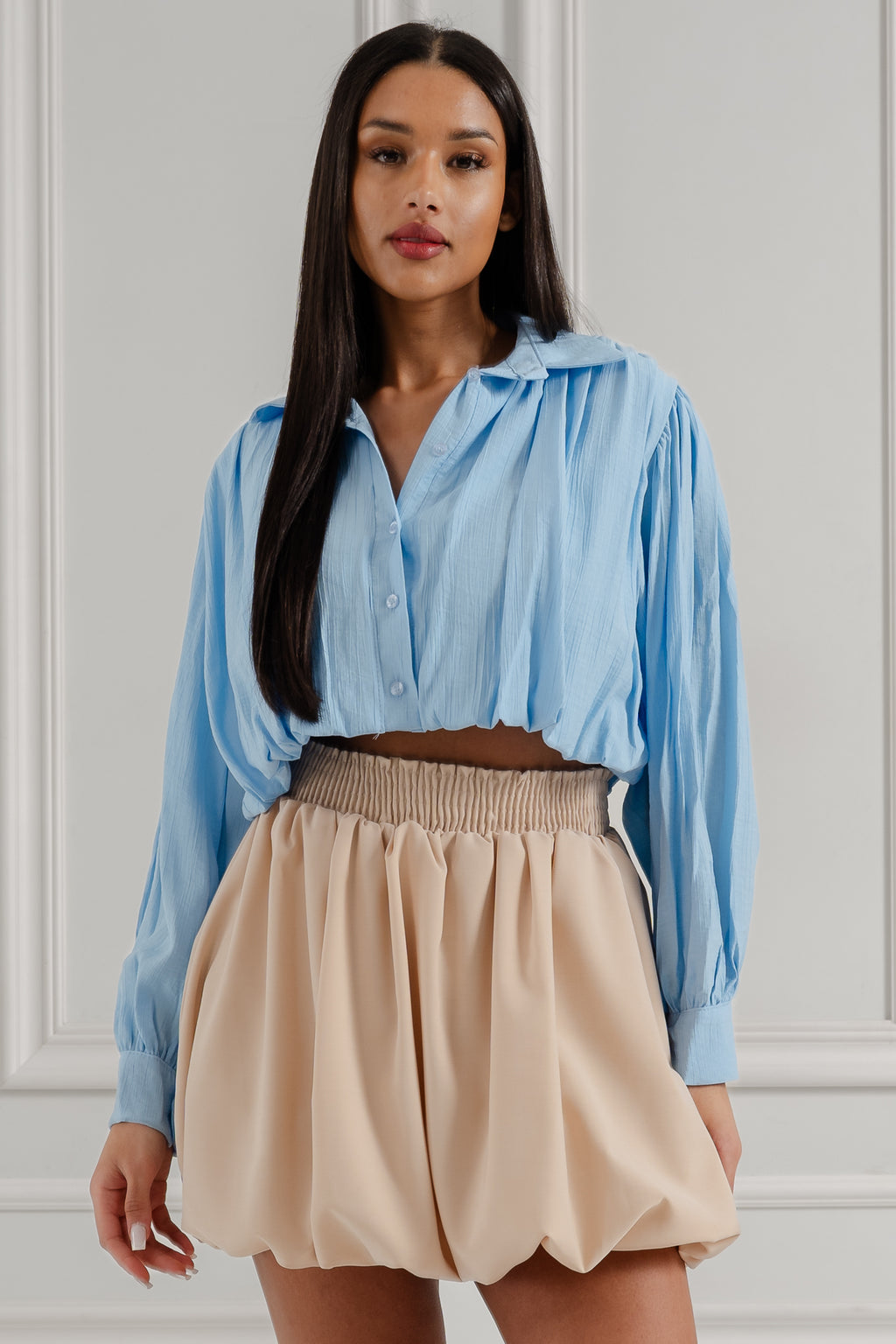 Koszula Cropped z Marszczeniem- Biały / Uniwersalny