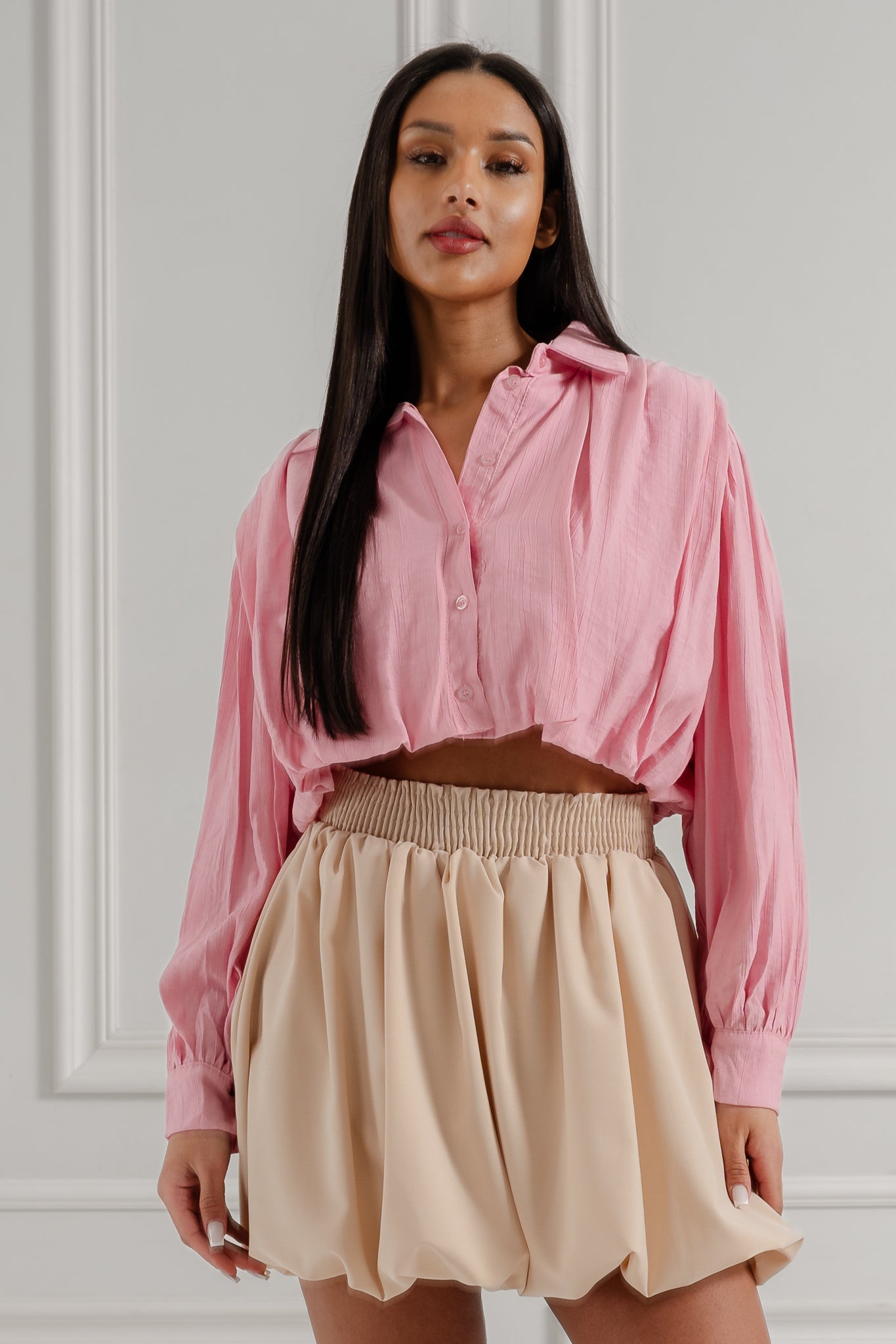 Koszula Cropped z Marszczeniem- Biały / Uniwersalny