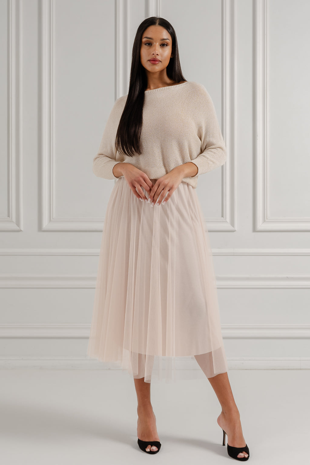 Tiulowa spódnica midi z warstwowym efektem- Beżowy / Uniwersalny