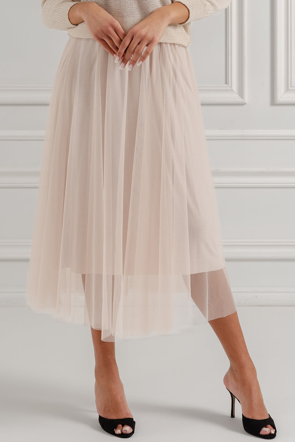 Tiulowa spódnica midi z warstwowym efektem- Różowy / Uniwersalny