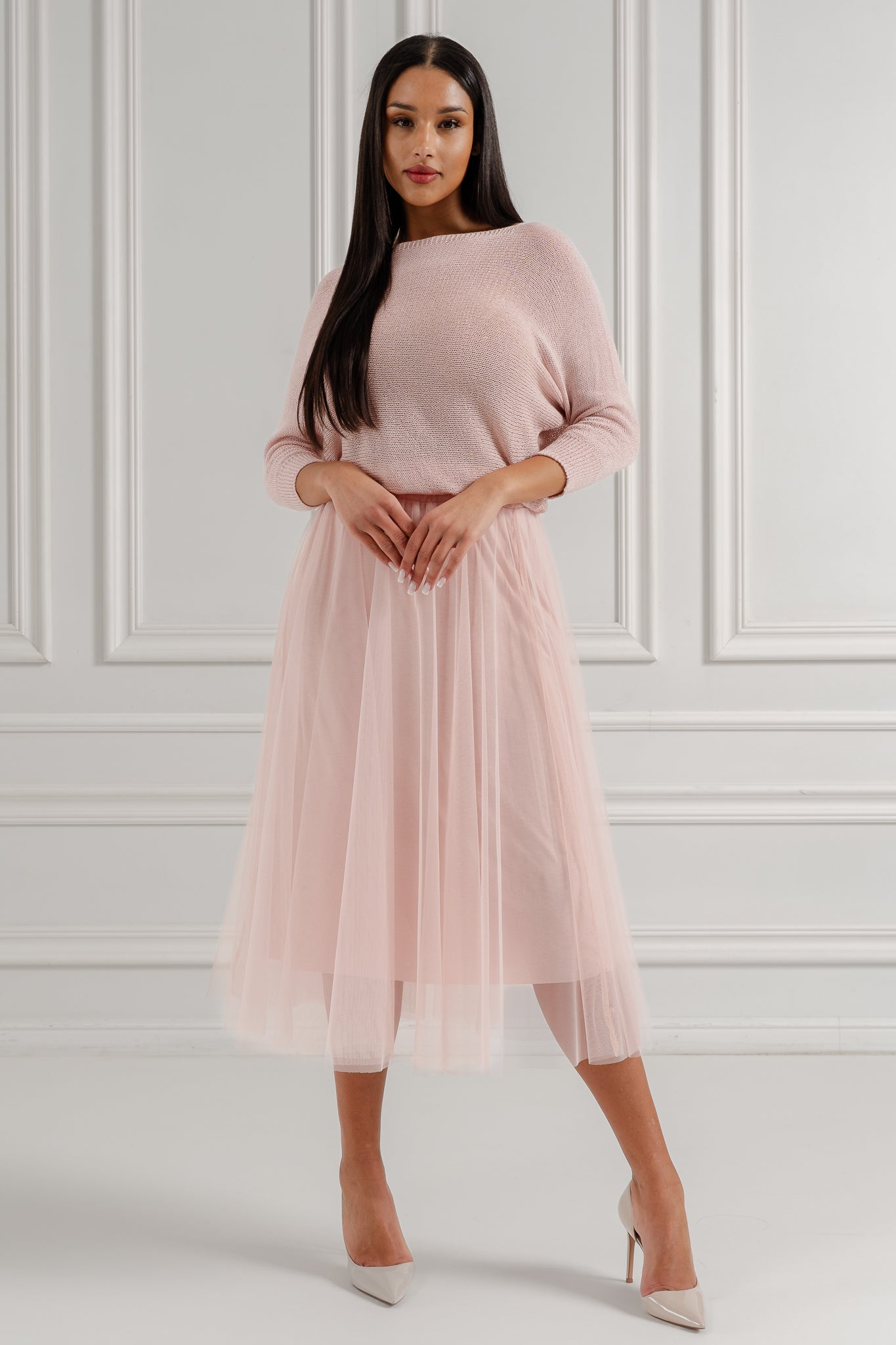 Tiulowa spódnica midi z warstwowym efektem- Różowy / Uniwersalny