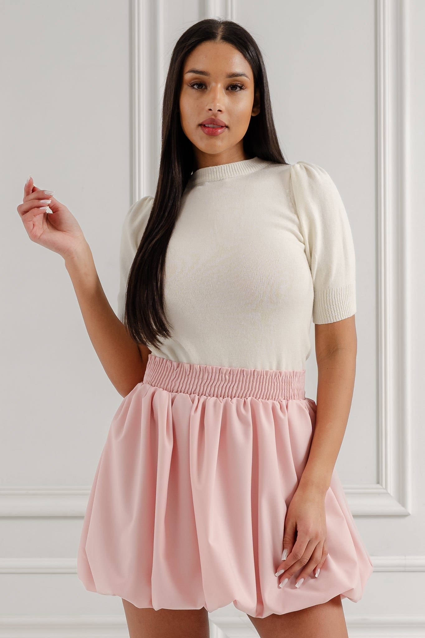 Sweter z bufkami na ramionach- Pudrowy róż / Uniwersalny