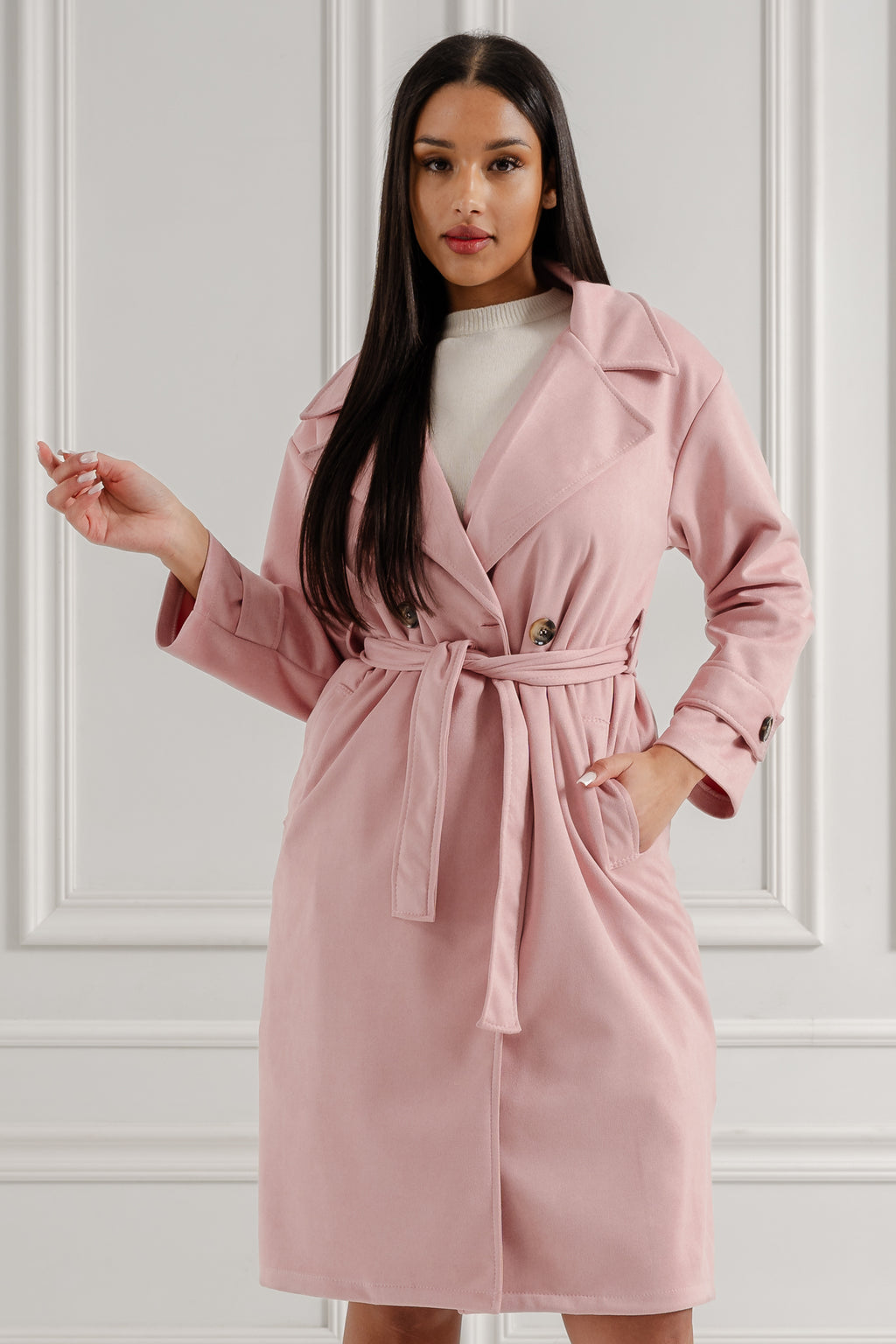 Klasyczny płaszcz z wiązaniem- Różowy / Uniwersalny