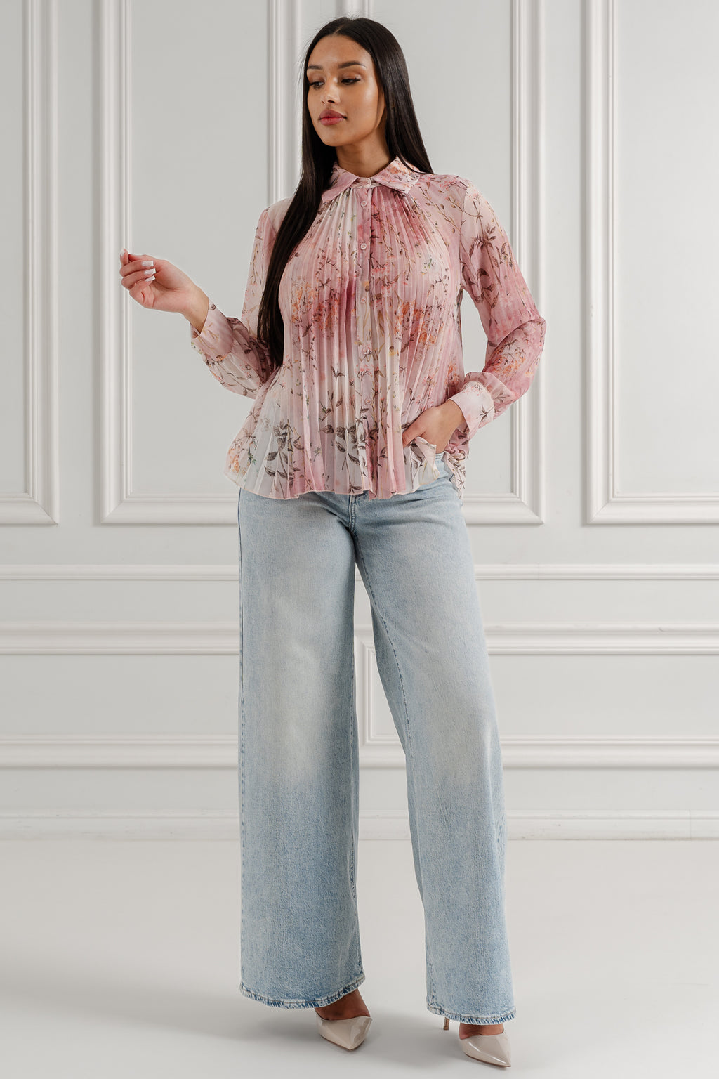 Plisowana koszula w kwiatowy wzór- Różowy / Uniwersalny