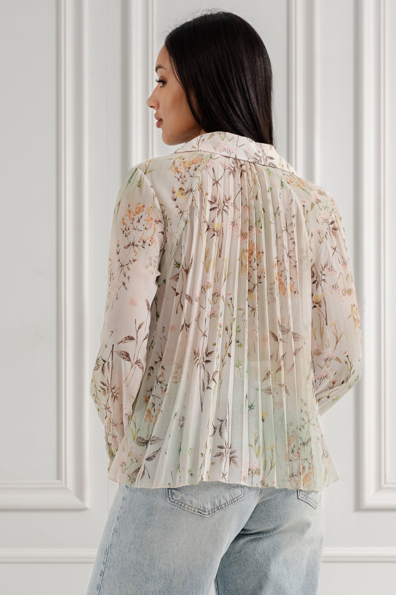 Plisowana koszula w kwiatowy wzór- Beżowy / Uniwersalny