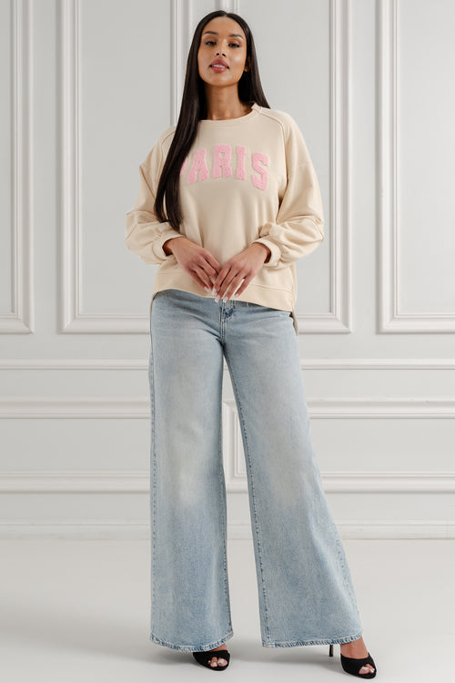 Bluza oversize z napisem "Paris"- Beżowy / Uniwersalny