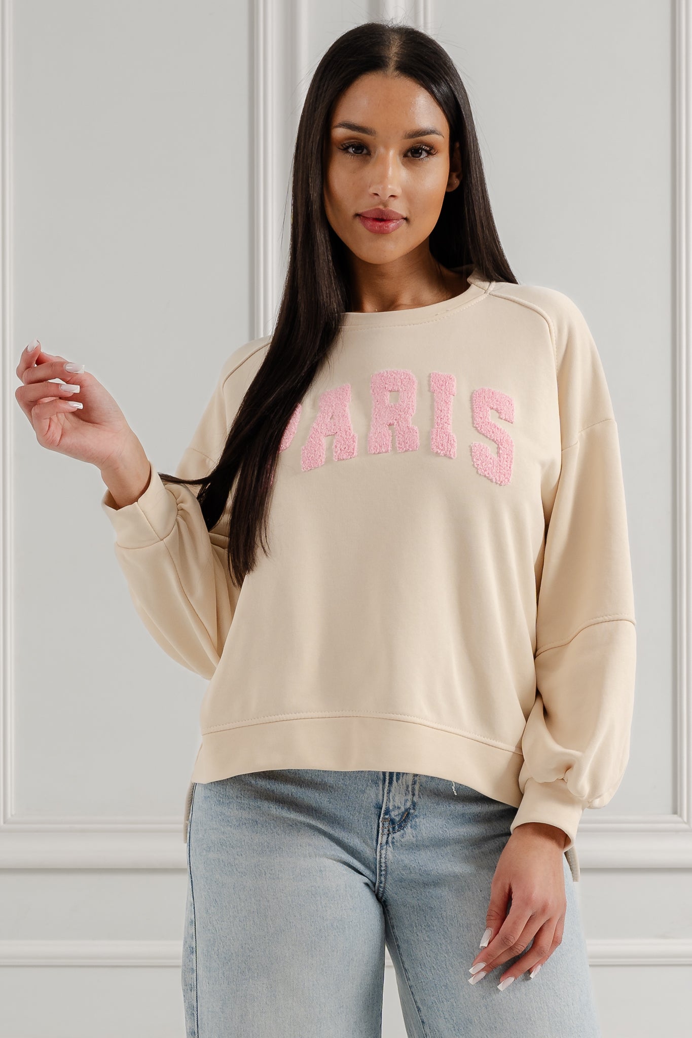 Bluza oversize z napisem "Paris"- Beżowy / Uniwersalny