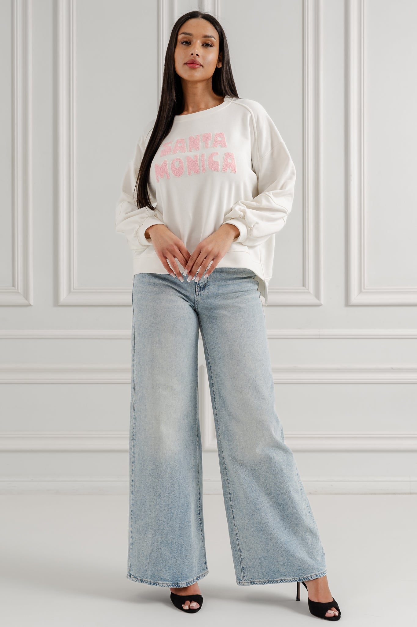 Bluza oversize z napisem "Santa Monica"- Biały / Uniwersalny