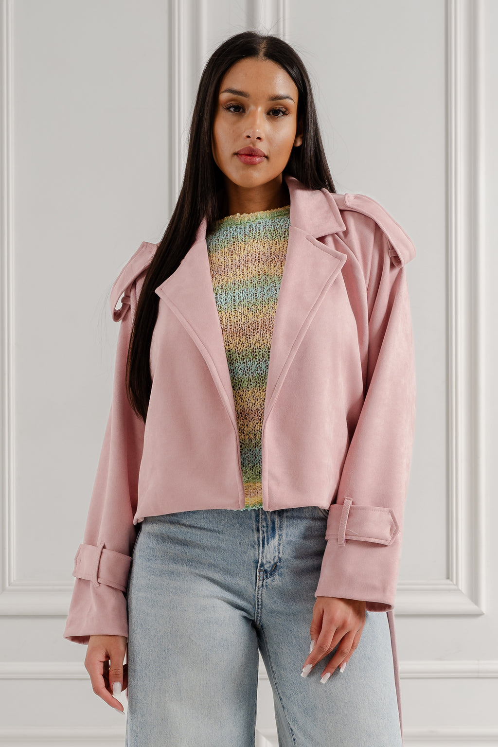 Krótki płaszcz z wiązaniem- Różowy / Uniwersalny