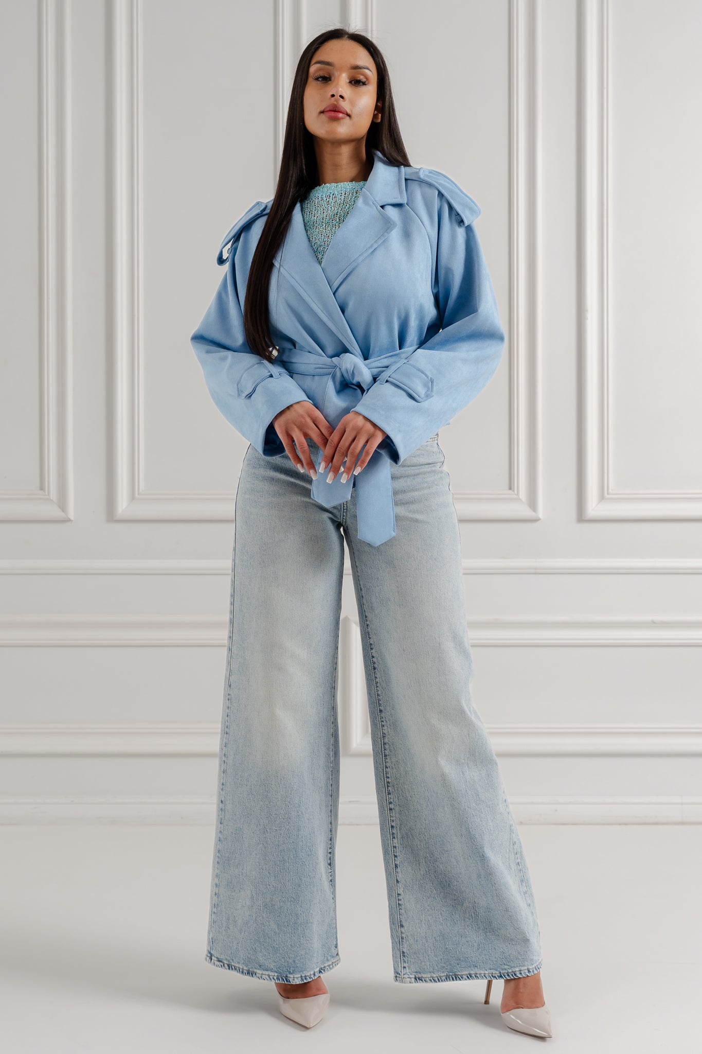 Krótki płaszcz z wiązaniem- Błękitny / Uniwersalny