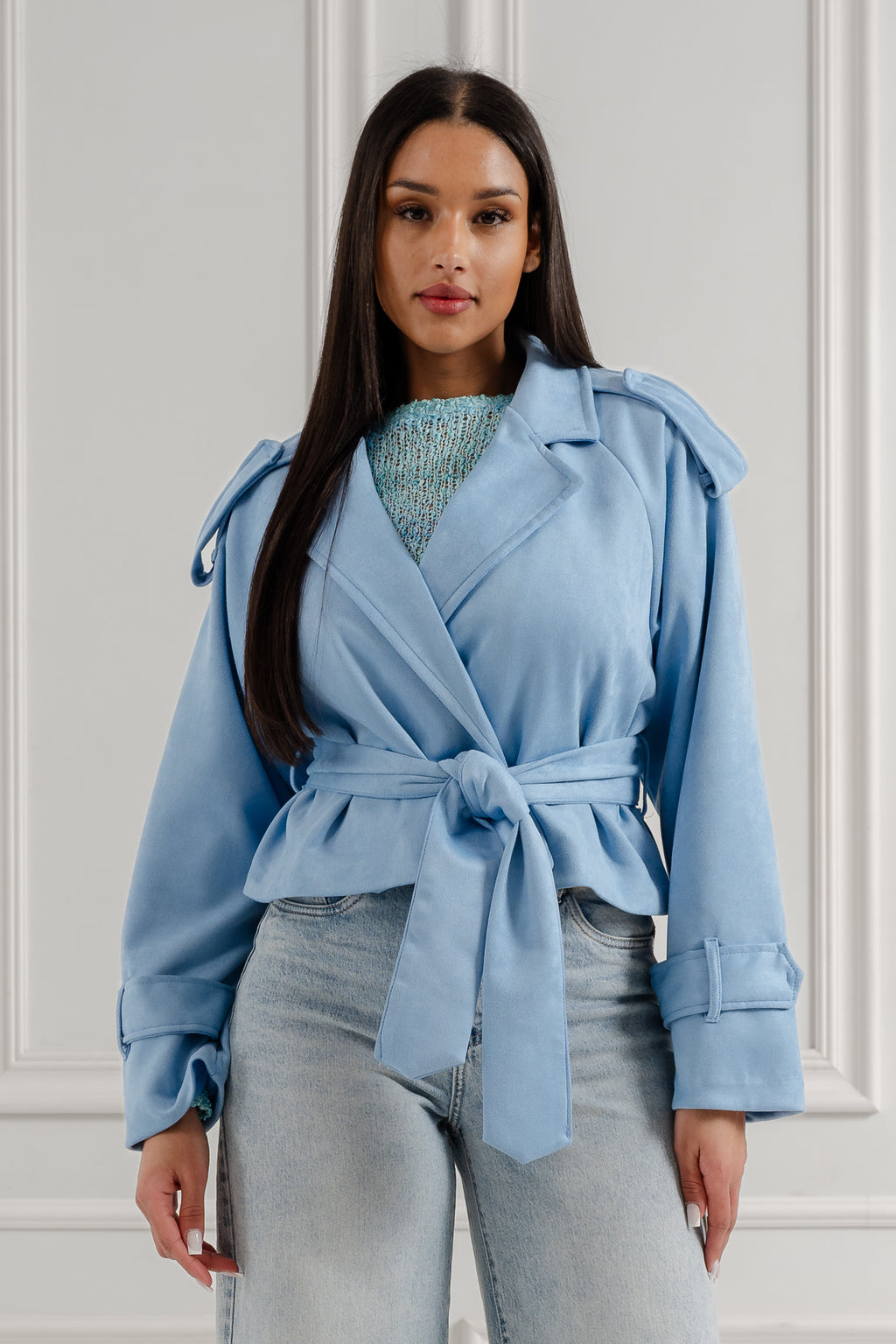 Krótki płaszcz z wiązaniem- Różowy / Uniwersalny