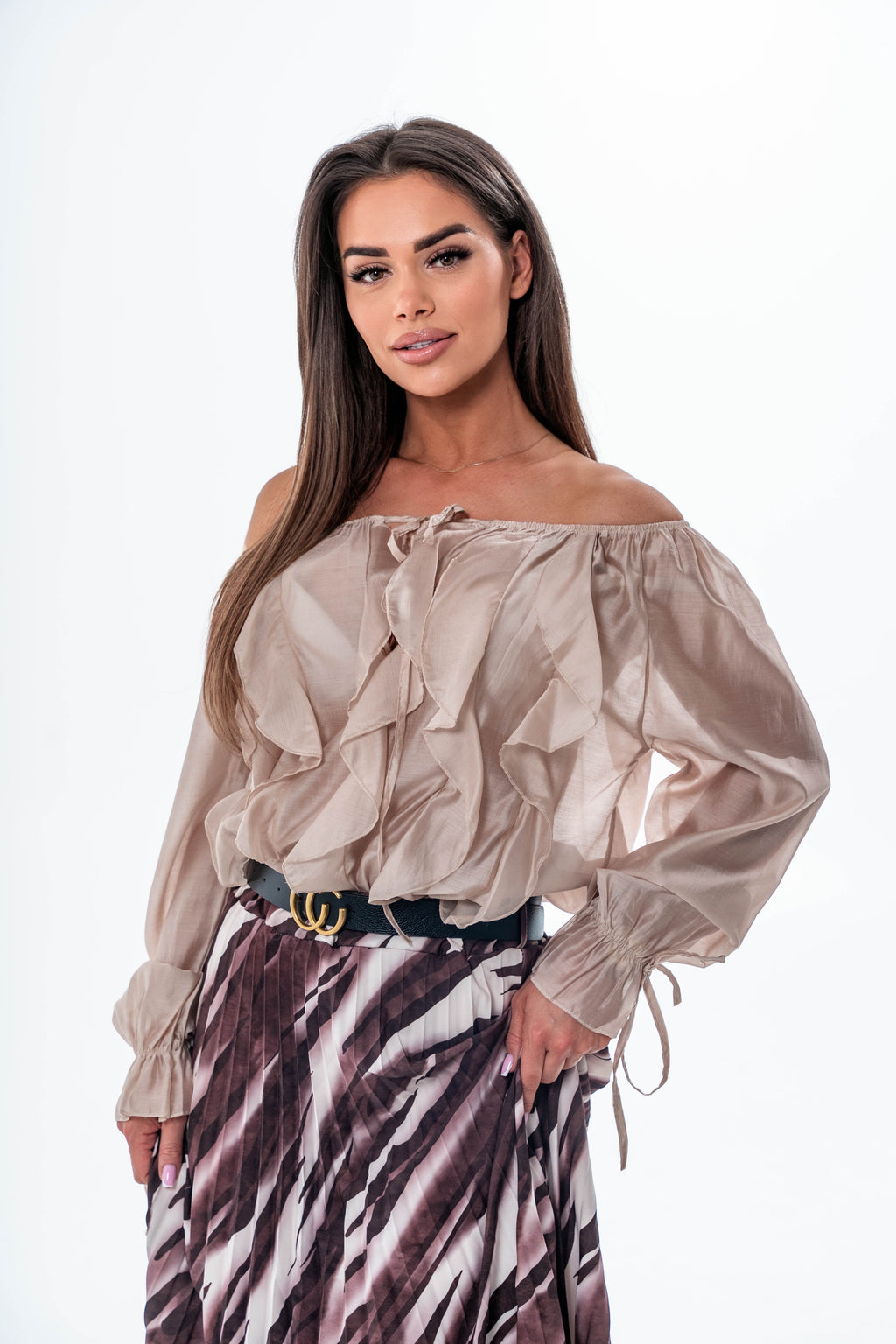 BLUZKA LEA O KROJU HISZPANKI- Brązowy / Uniwersalny