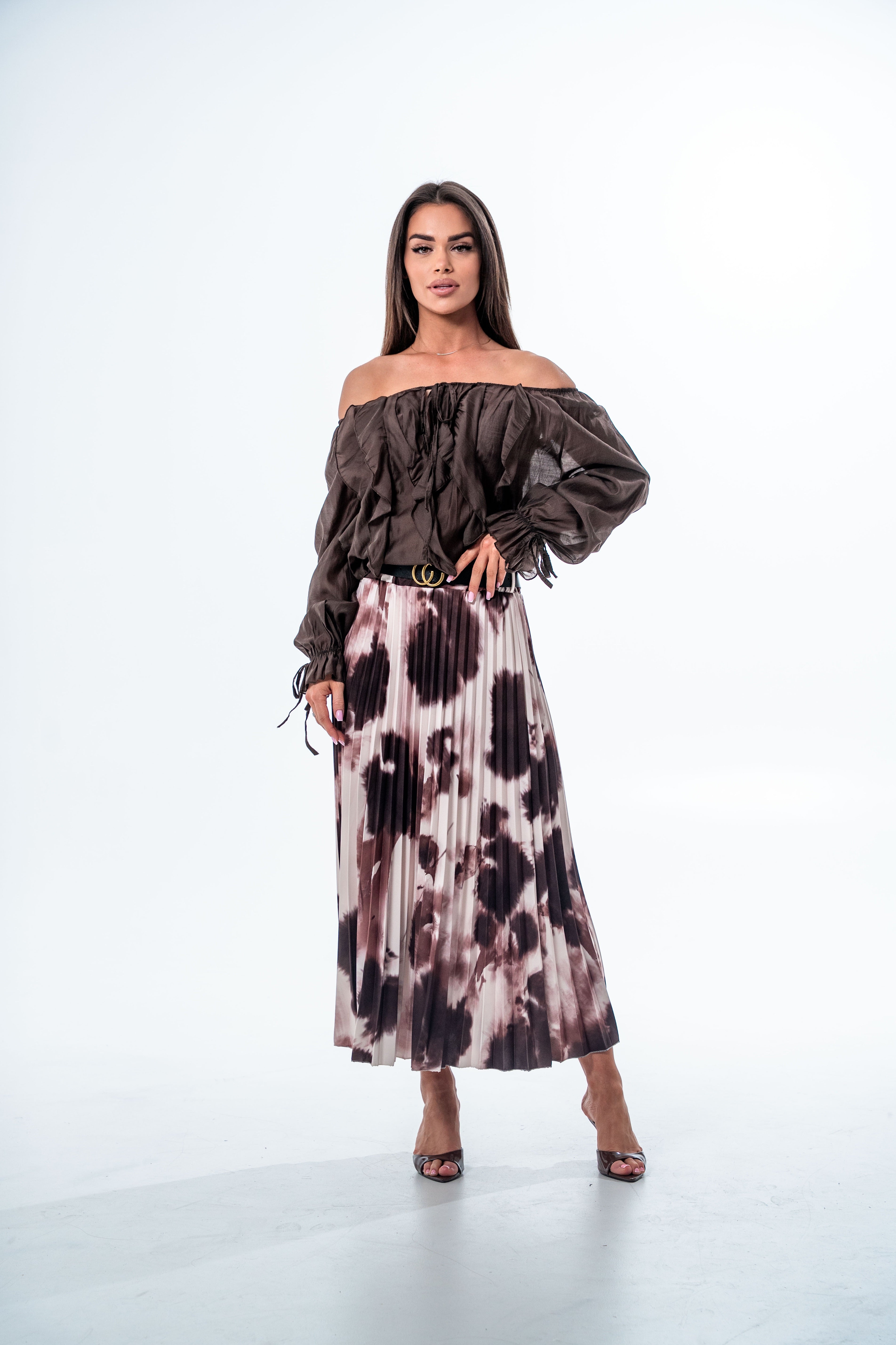 BLUZKA LEA O KROJU HISZPANKI- Brązowy / Uniwersalny