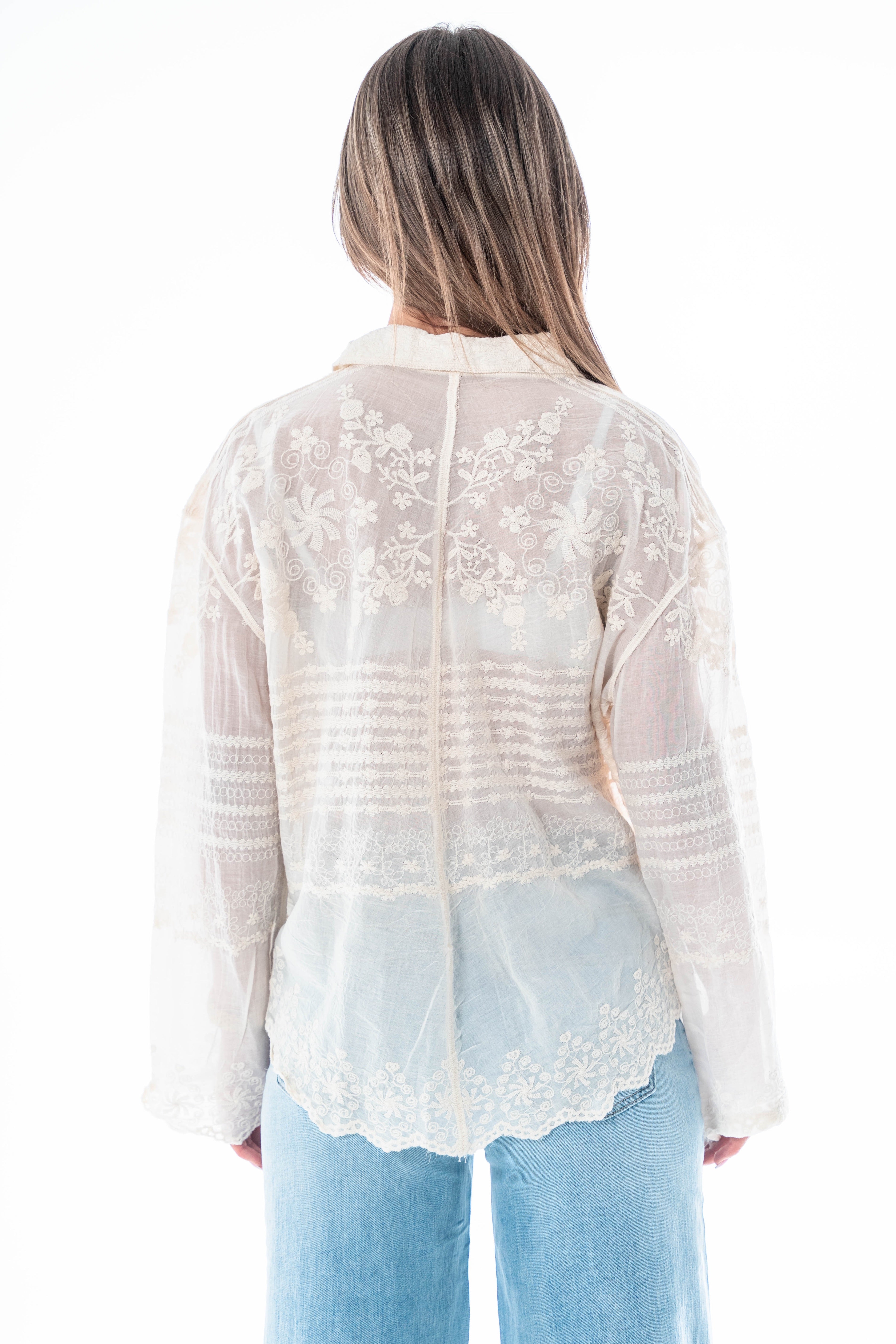 ZWIEWNA KOSZULA FLORA Z KWIATOWYMI DETALAMI- Beżowy / Uniwersalny