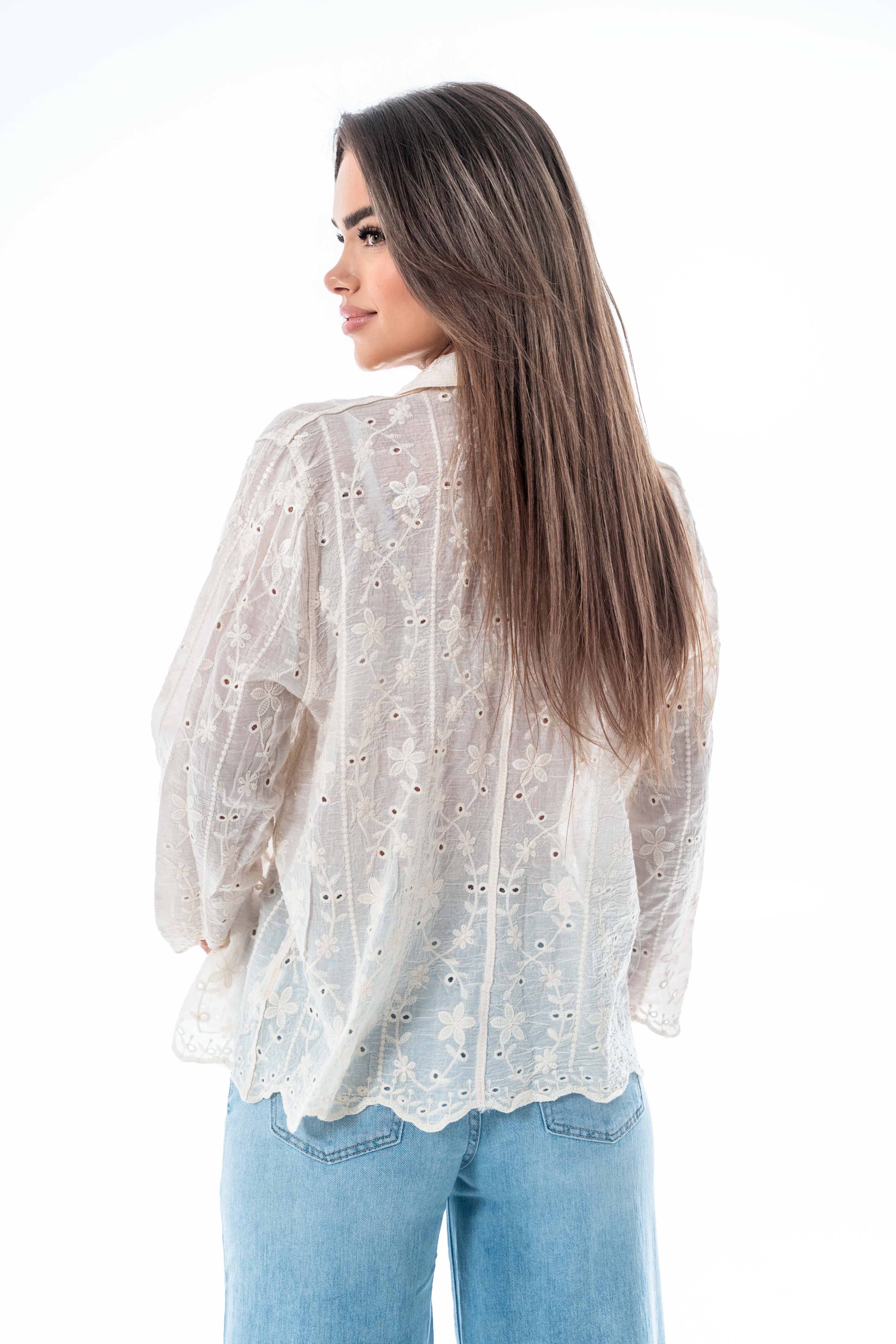 Subtelna koszula Mirella z romantycznym haftem- Beżowy / Uniwersalny