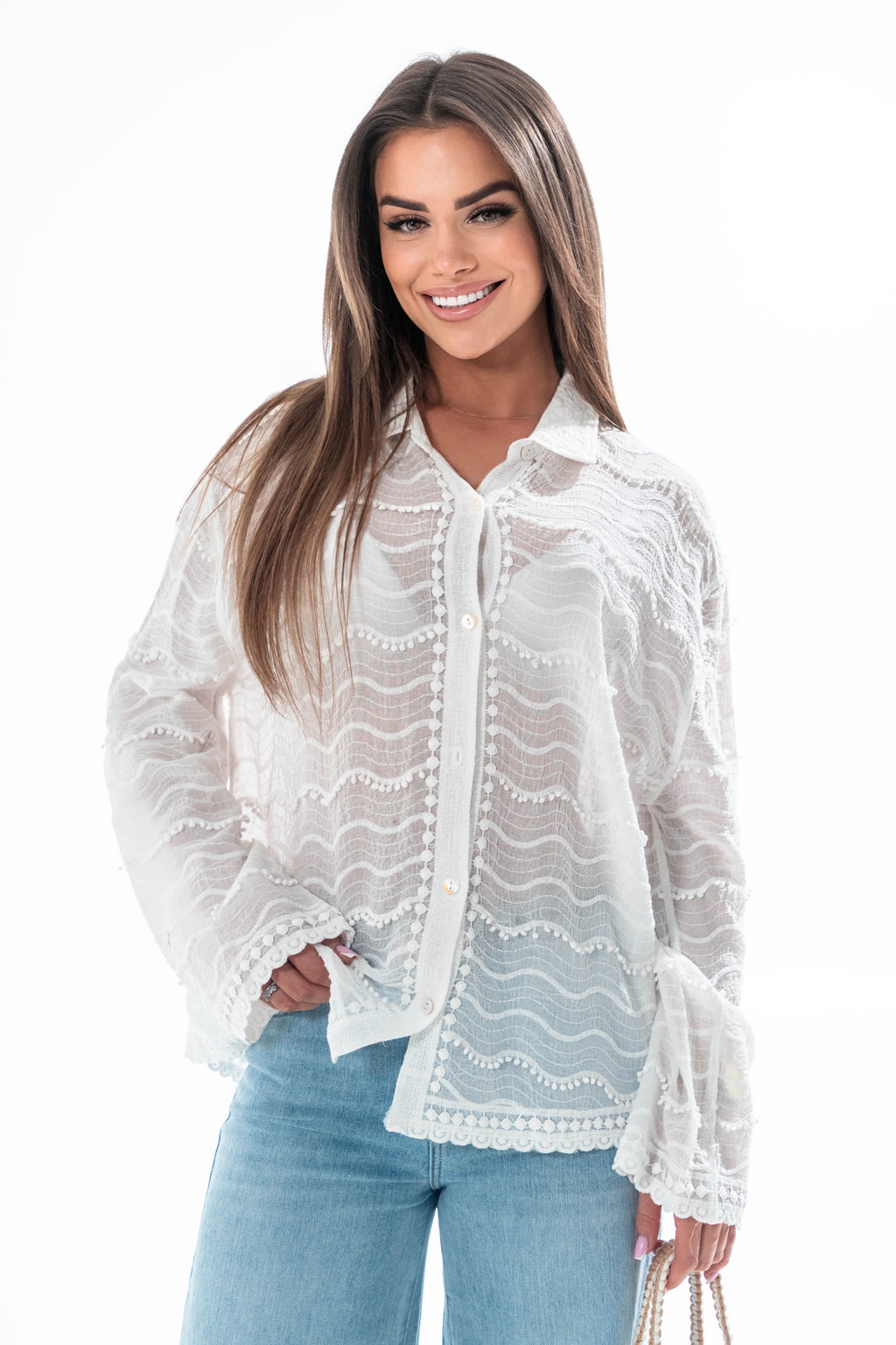 Koszula Solena z falującym wzorem i haftowanym wykończeniem- Beżowy / Uniwersalny