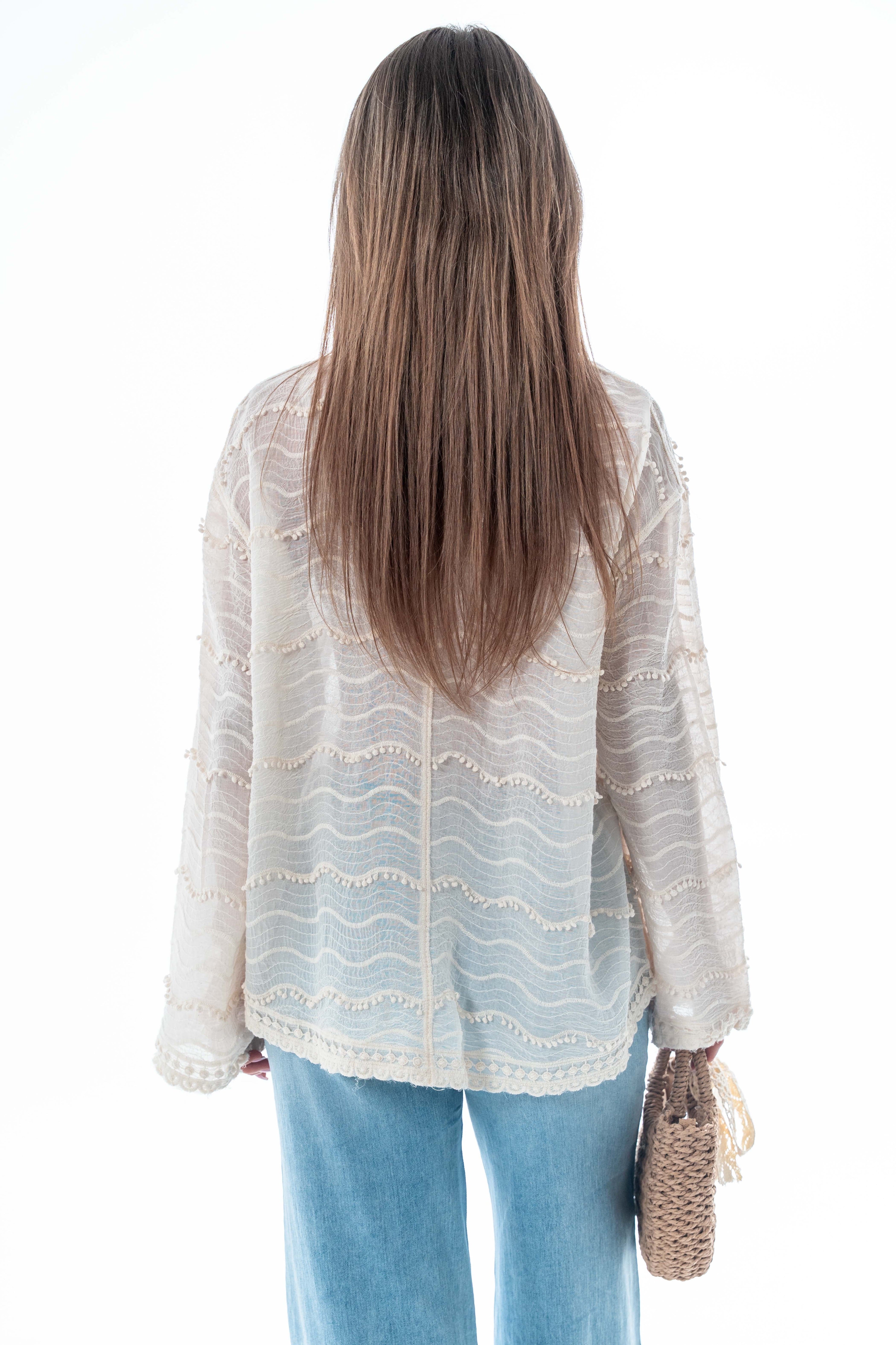 Koszula Solena z falującym wzorem i haftowanym wykończeniem- Beżowy / Uniwersalny