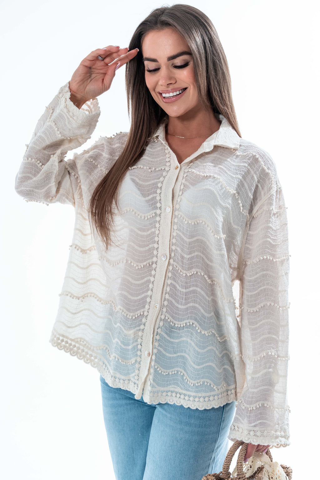 Koszula Solena z falującym wzorem i haftowanym wykończeniem- Beżowy / Uniwersalny