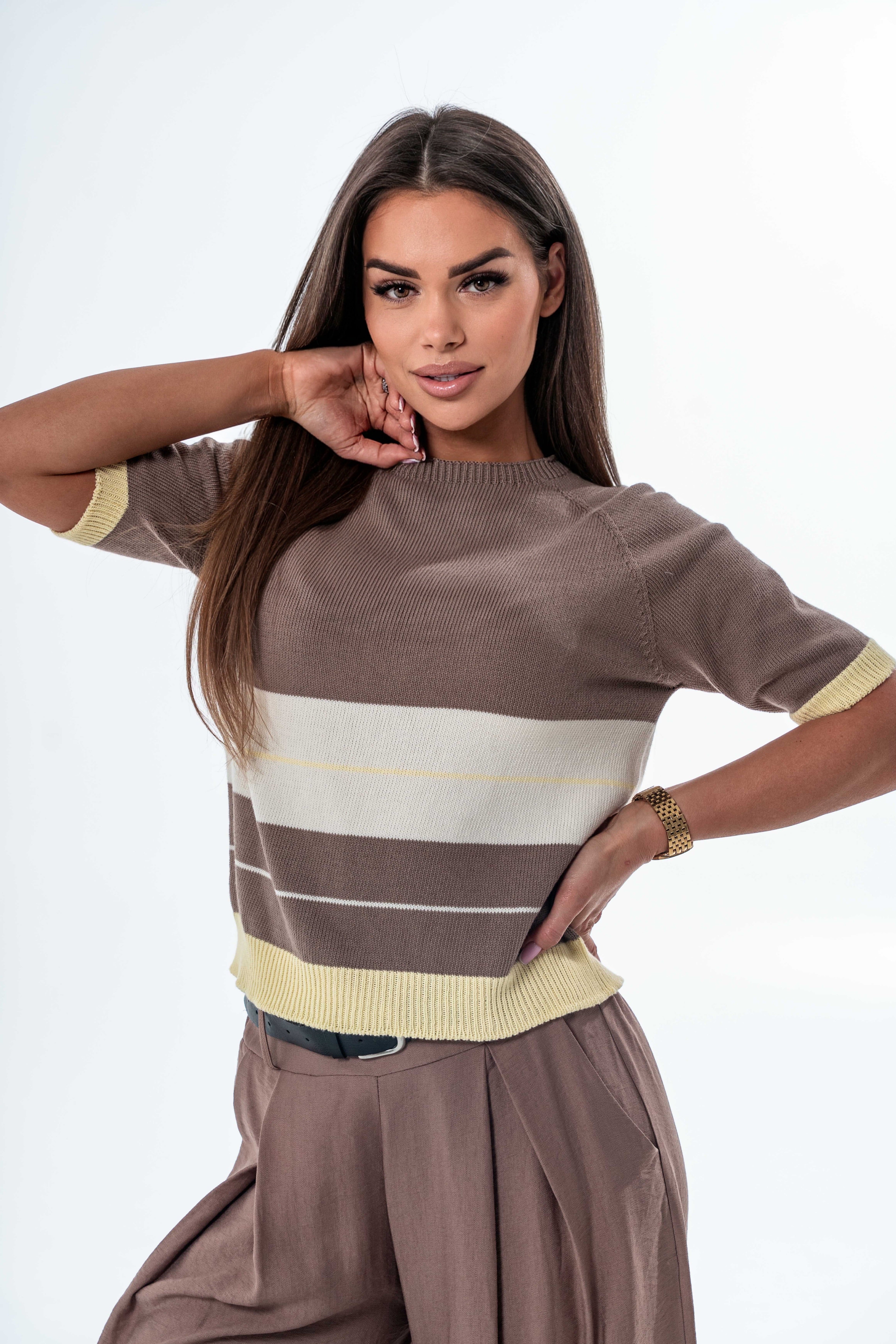 Sweter z krótkim rękawem w paski- Brązowy / Uniwersalny