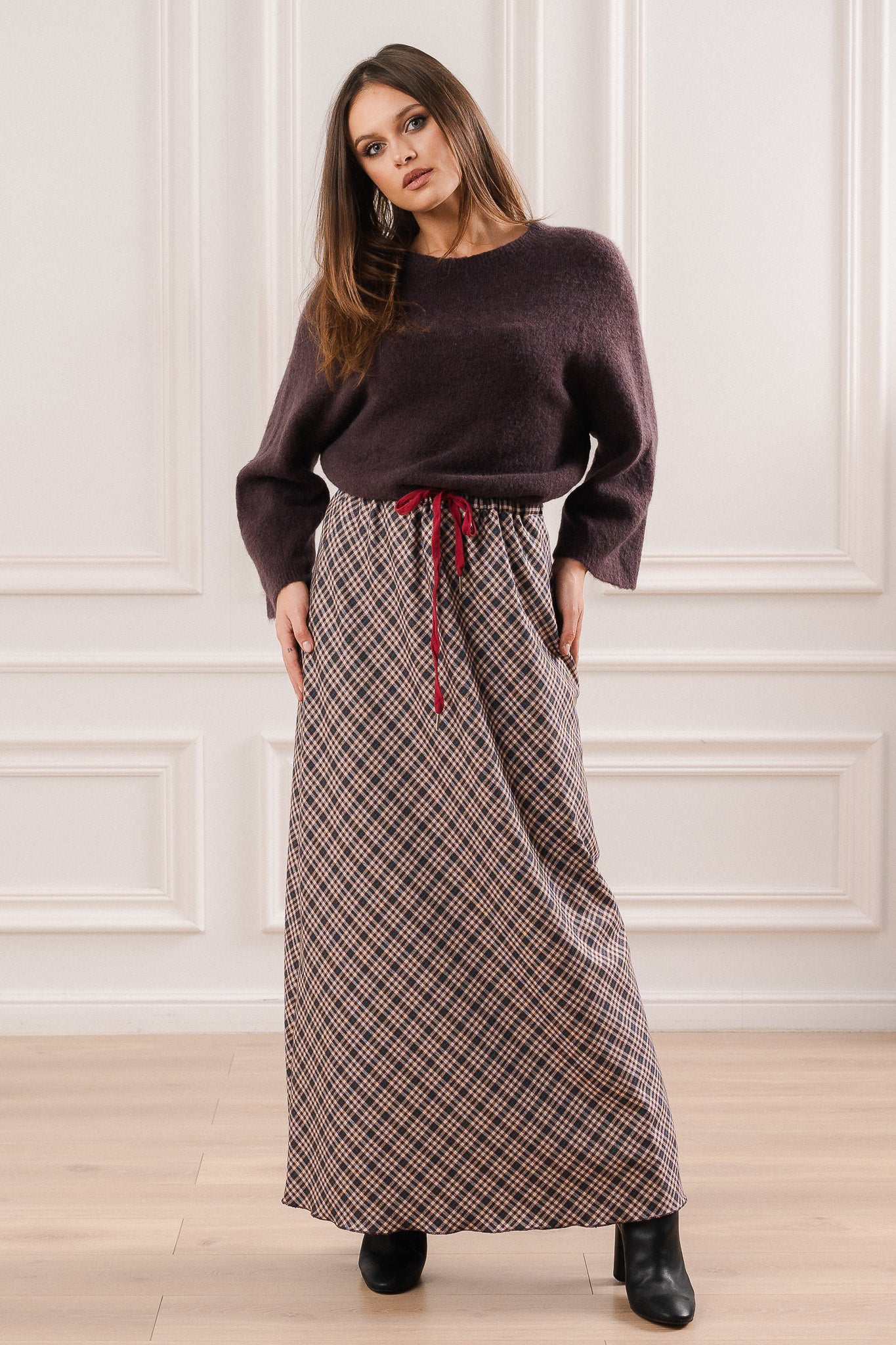 Sweter z Domieszką Alpaki i Rękawem 3/4- Uniwersalny / Brązowy