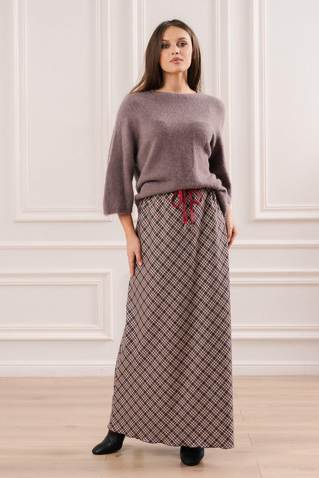 Sweter z Domieszką Alpaki i Rękawem 3/4- Uniwersalny / Brązowy