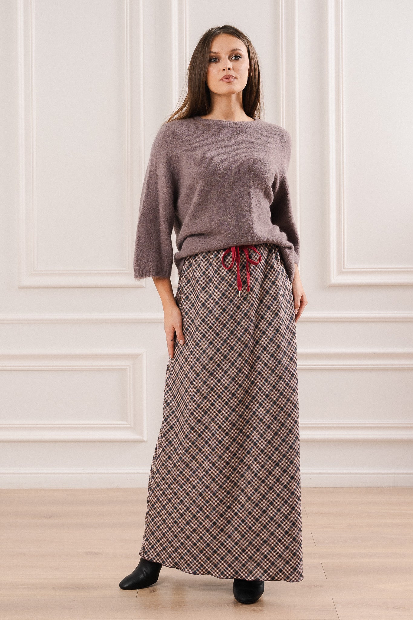 Sweter z Domieszką Alpaki i Rękawem 3/4- Uniwersalny / Brązowy