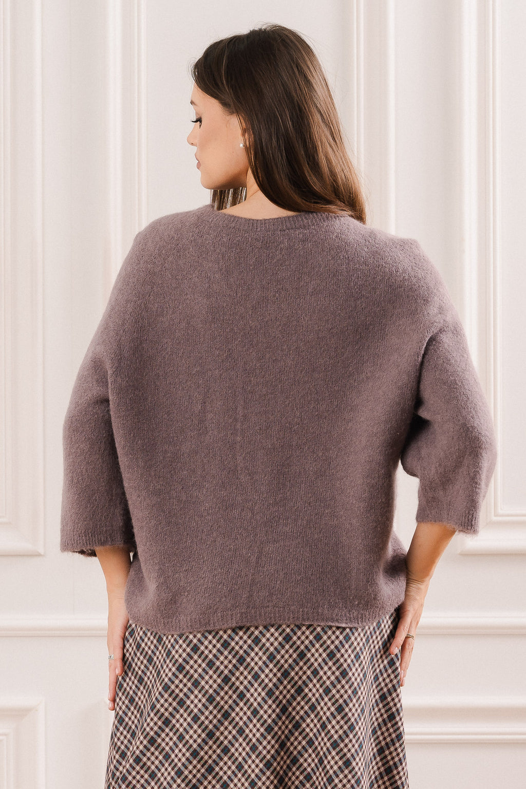 Sweter z Domieszką Alpaki i Rękawem 3/4- Uniwersalny / Brązowy