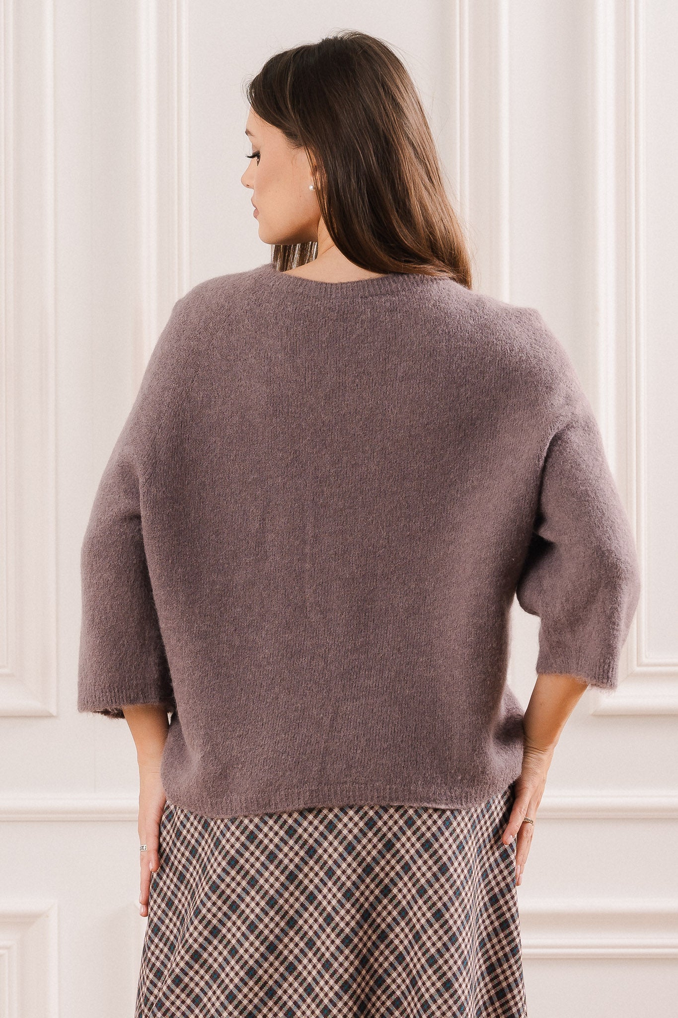 Sweter z Domieszką Alpaki i Rękawem 3/4- Uniwersalny / Brązowy