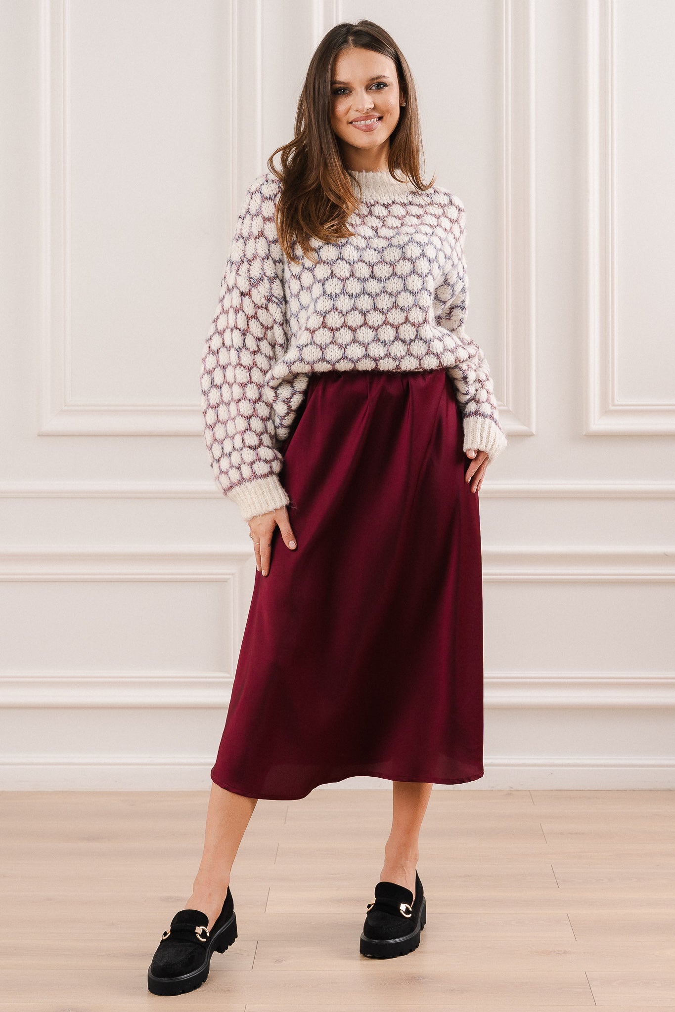 Satynowa Spódnica Midi- Bordowy / Uniwersalny