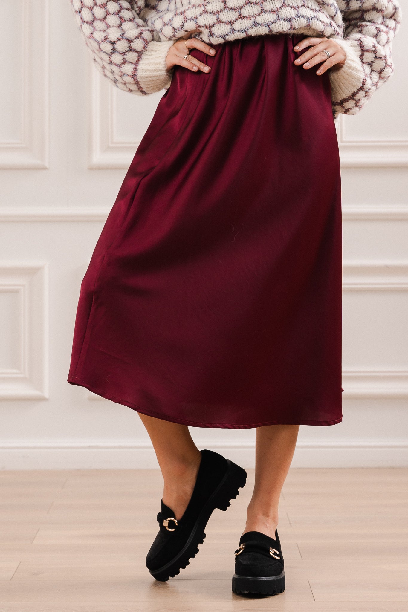 Satynowa Spódnica Midi- Bordowy / Uniwersalny