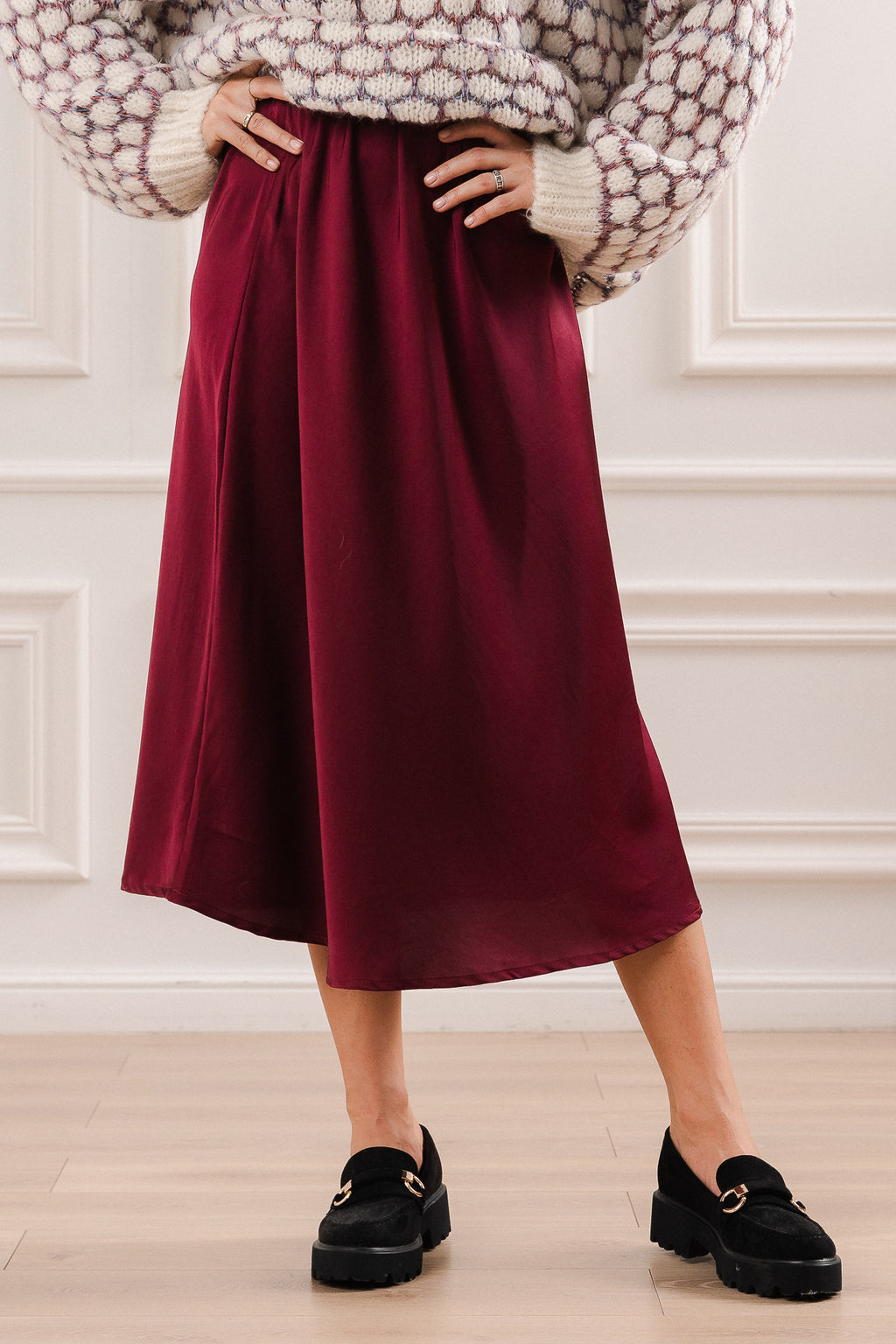 Satynowa Spódnica Midi- Bordowy / Uniwersalny