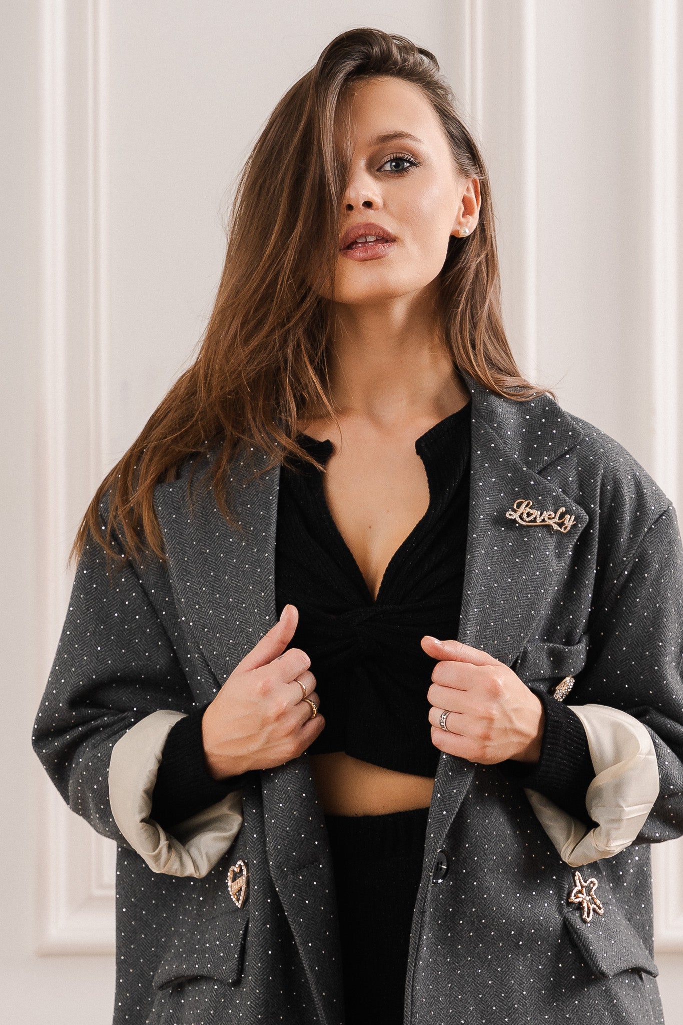 Marynarka z Subtelnym Błyskiem i Klasycznym Krojem- Szary / Uniwersalny