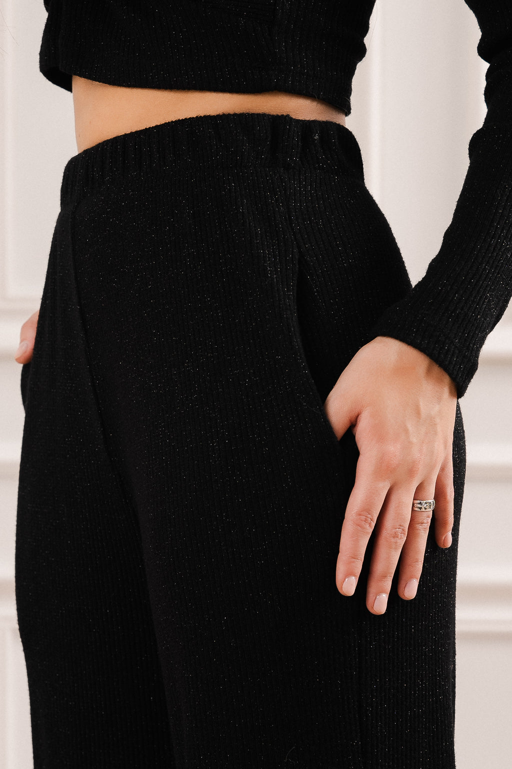 Spodnie Dzianinowe z Połyskiem i Elastyczną Talią- Beżowy / Uniwersalny