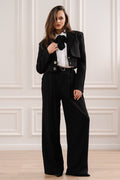 Elegancki Komplet Garniturowy z Paskiem i Szerokimi Nogawkami- Czarny / S/M