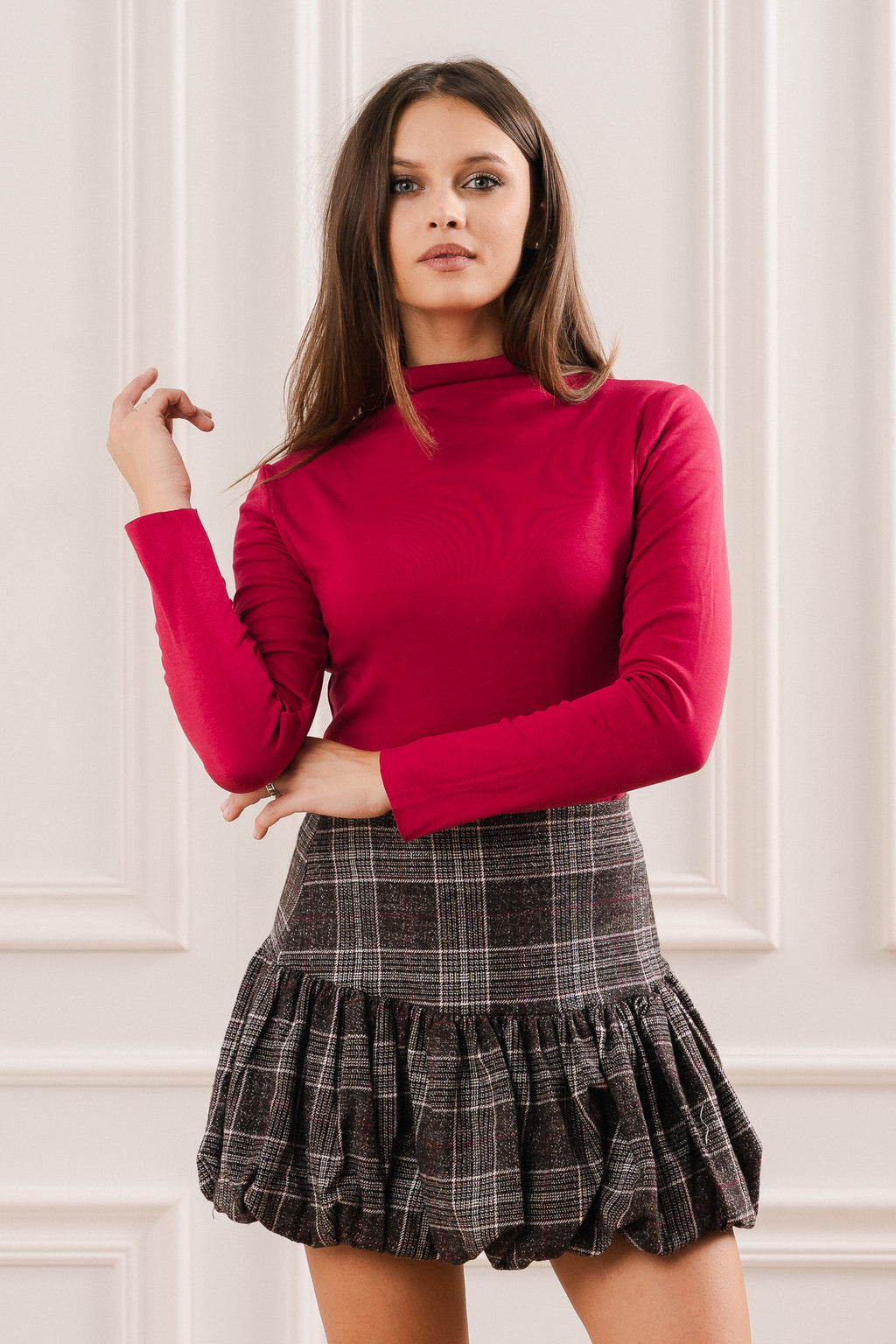 Bluzka z Golfem o Dopasowanym Kroju- Bordowy / Uniwersalny