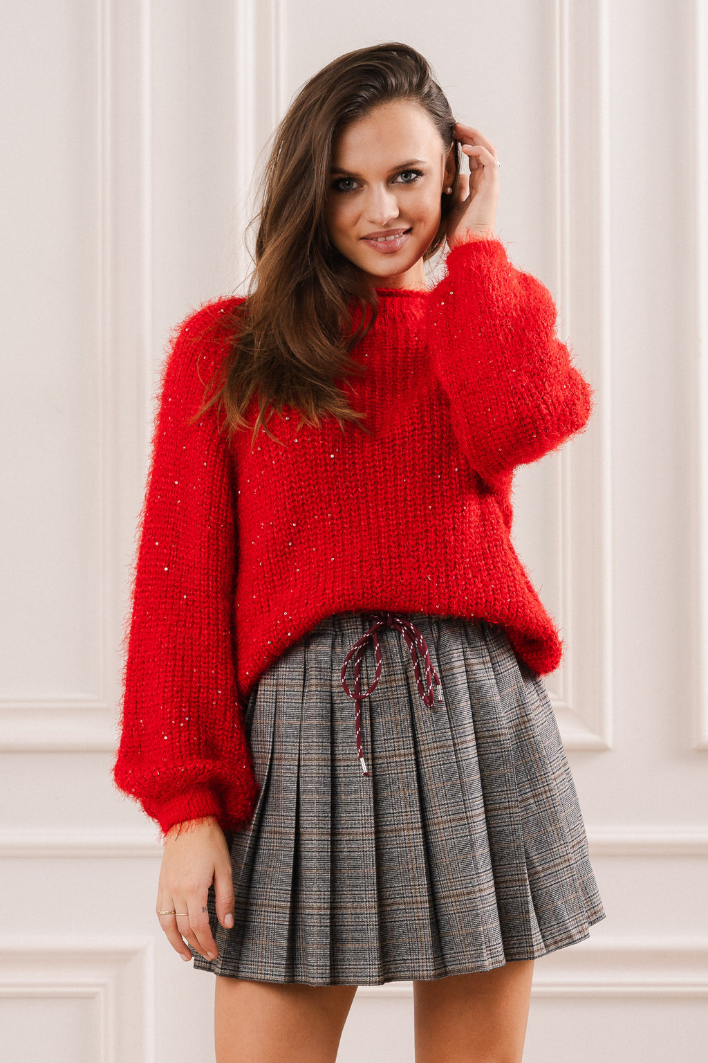 Sweter z Subtelnym Błyskiem- Czerwony / Uniwersalny