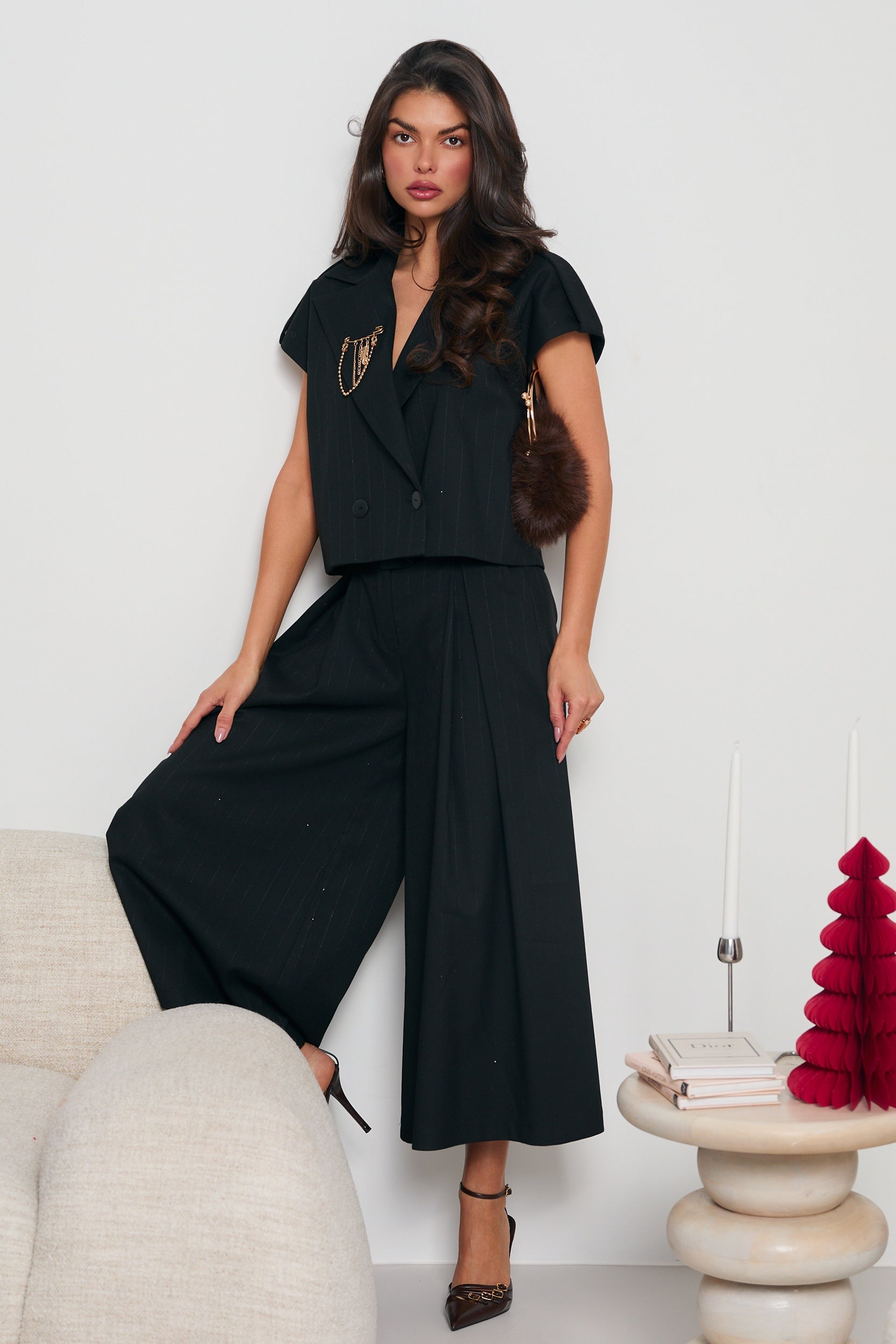 KOMPLET SPODNIE CULOTTE I KAMIZELKA Z ZAPIĘCIEM