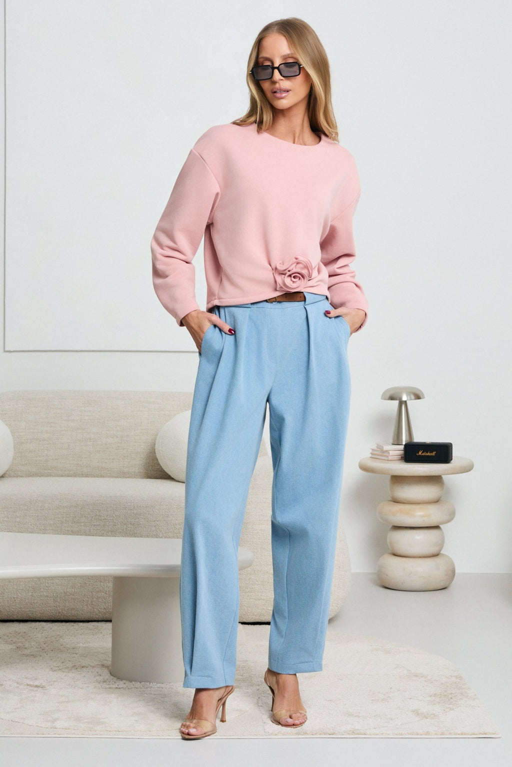 BLUZA Z RÓŻĄ LALOUS- Jasnoniebieski / S
