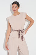 ELEGANCKI TOP LALOUS Z WIĄZANIEM W TALII- Beżowy / S