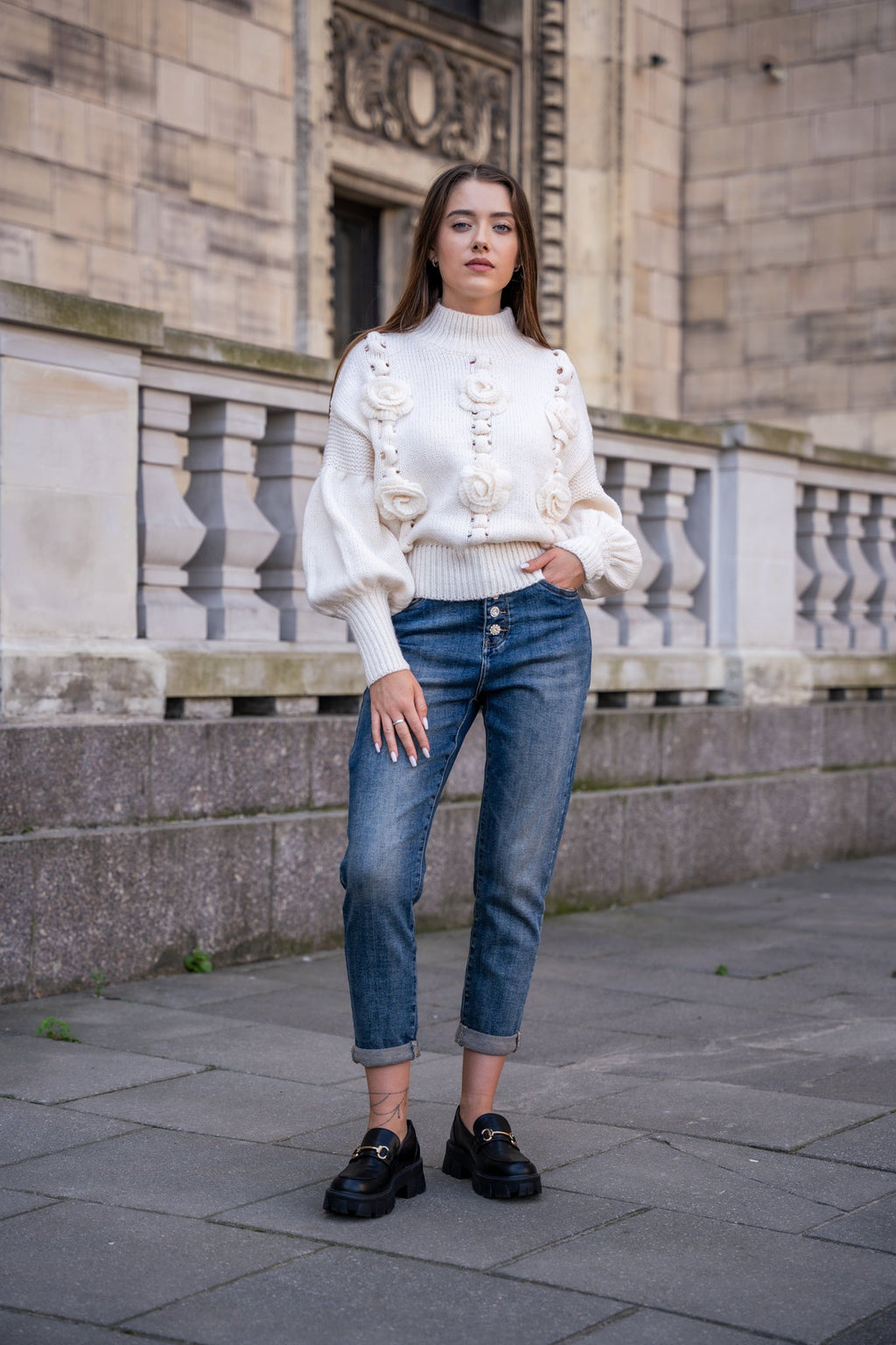 Jeansy Slim-Fit z Podwijanym Dołem- Granatowy / S