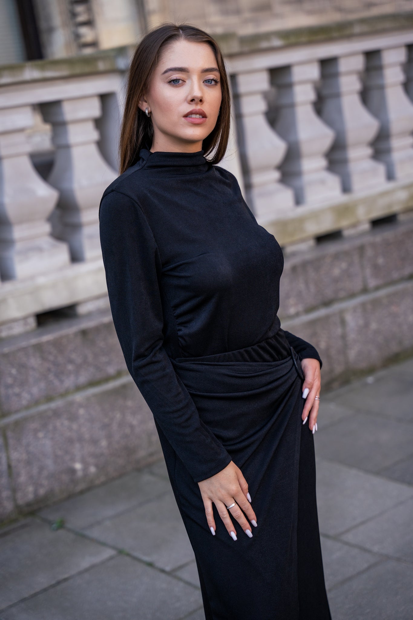 Drapowana Bluzka z Półgolfem- Czarny / Uniwersalny