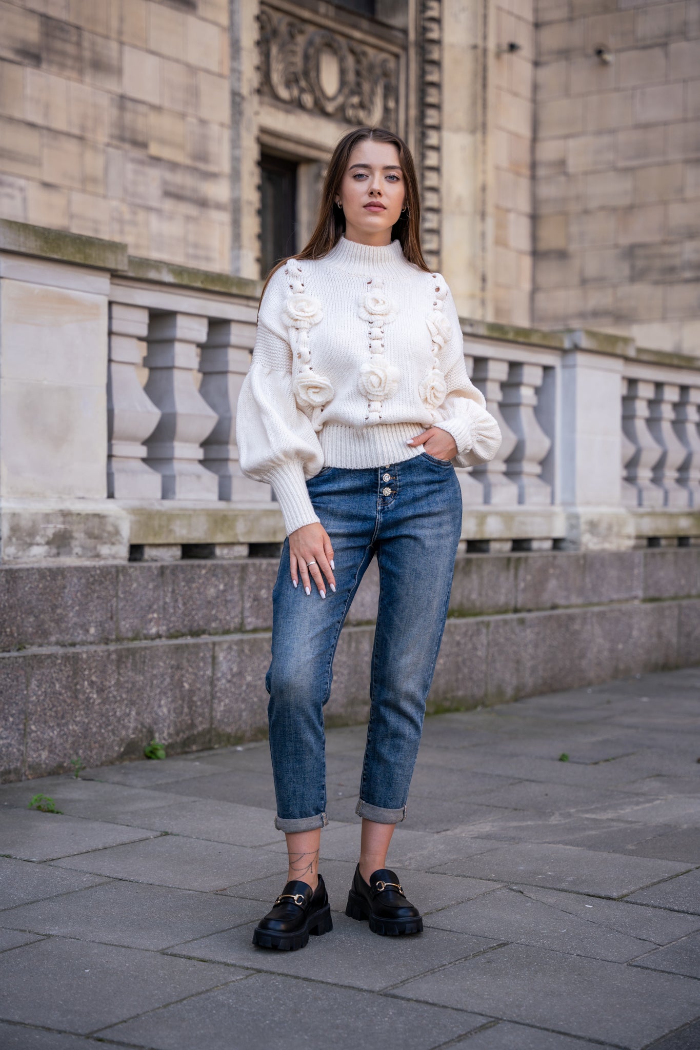 Jeansy Slim-Fit z Podwijanym Dołem- Granatowy / S