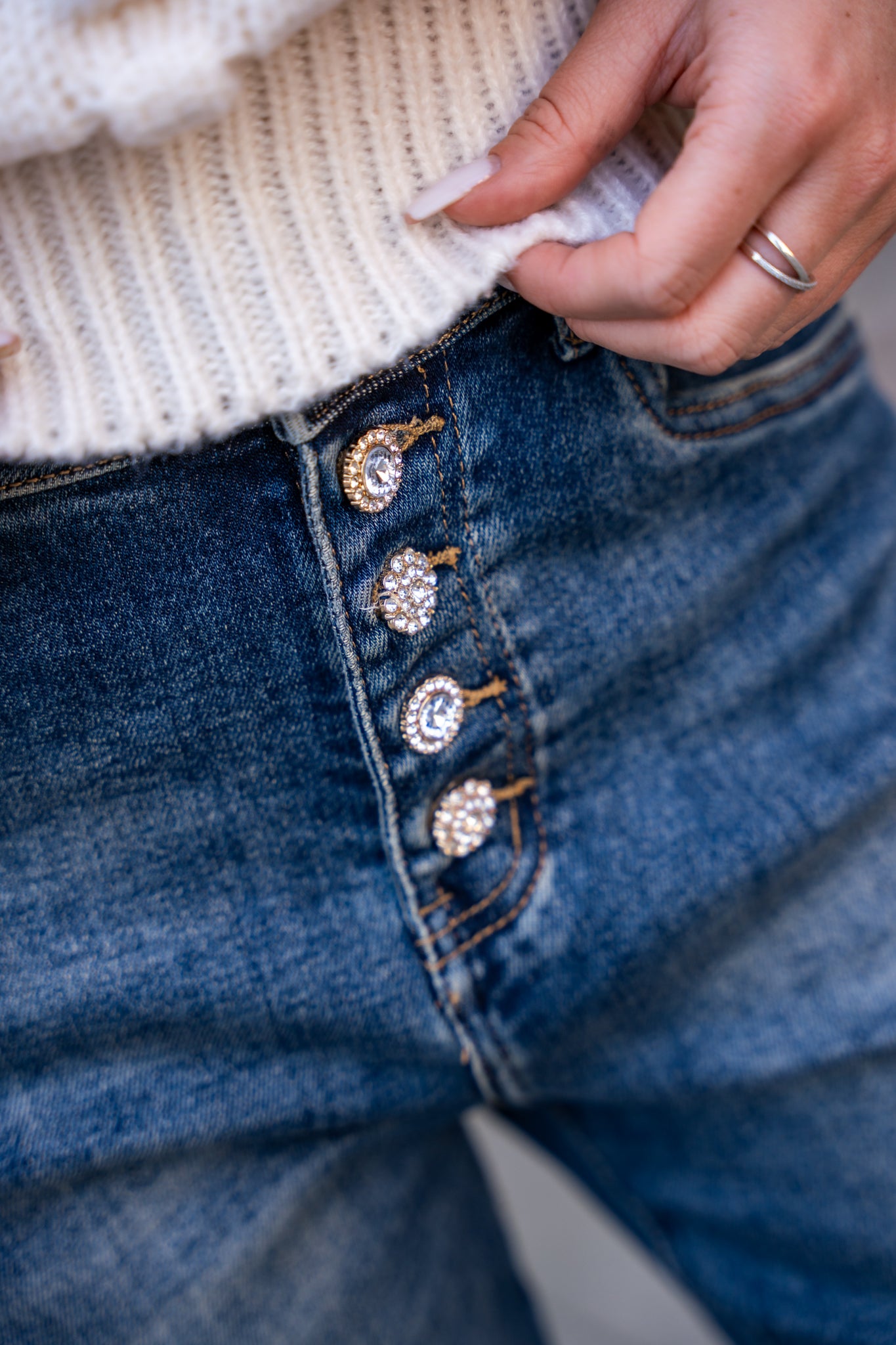 Jeansy Slim-Fit z Podwijanym Dołem- Granatowy / S